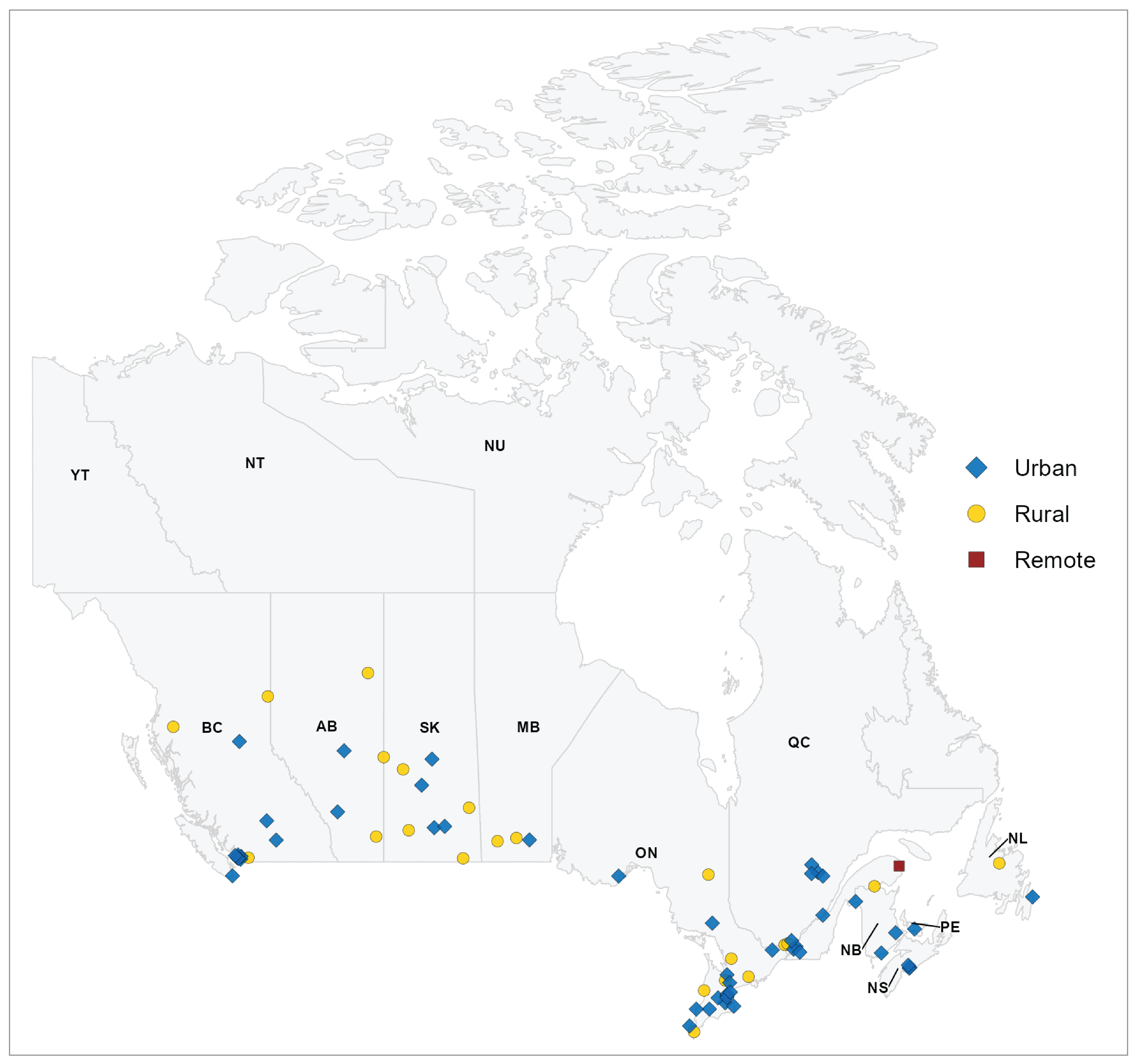 A map showing the distribution of 91 sites across Canada that reported offering 24-hour CT services. Of these, 68 are located in urban areas, 22 in rural areas, and 1 in a remote setting.