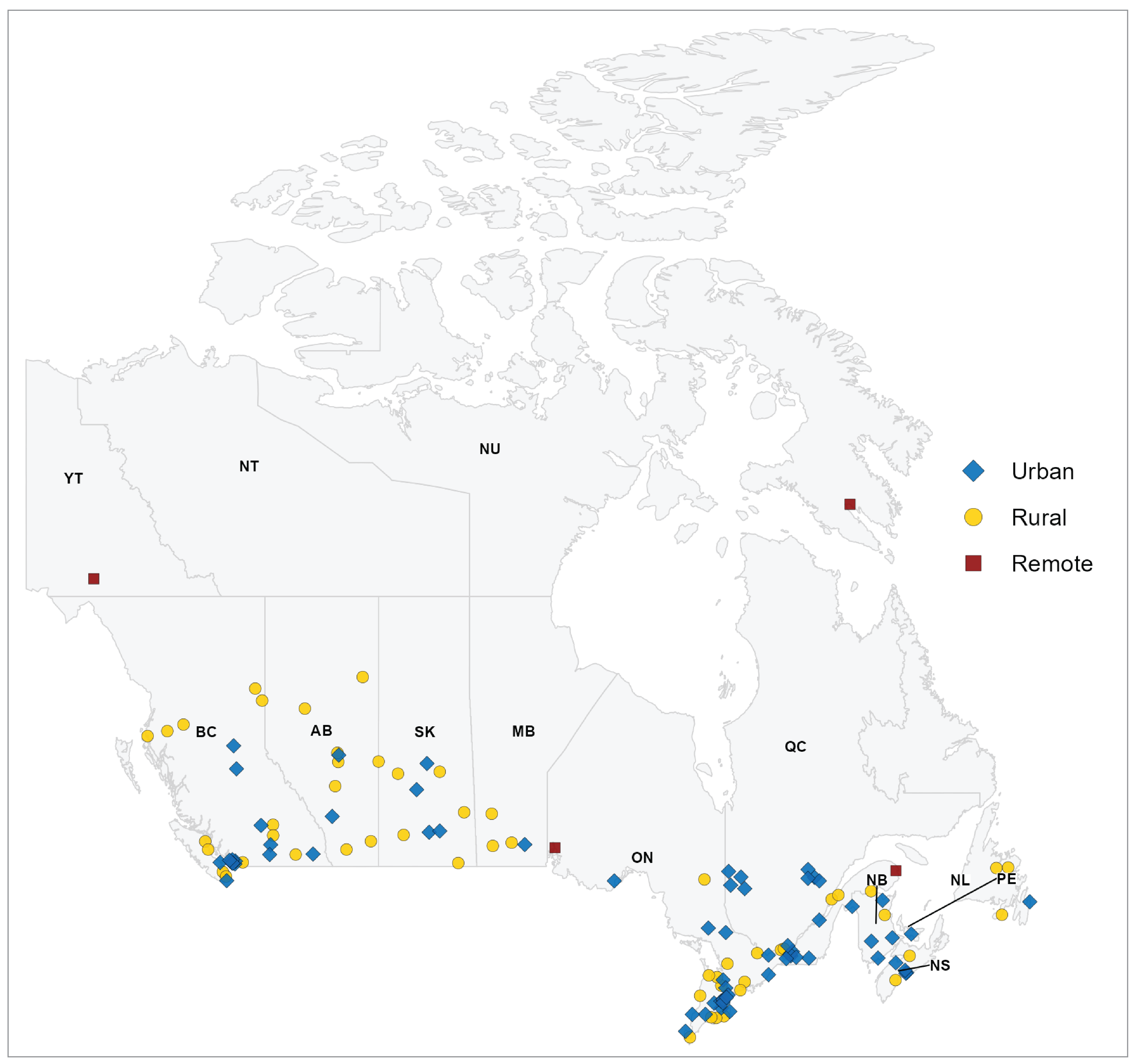 A map showing the number of sites across Canada that reported offering weekend CT services. Of the 160 sites providing weekend services, 103 are located in urban areas, 53 in rural areas, and 4 in remote areas.