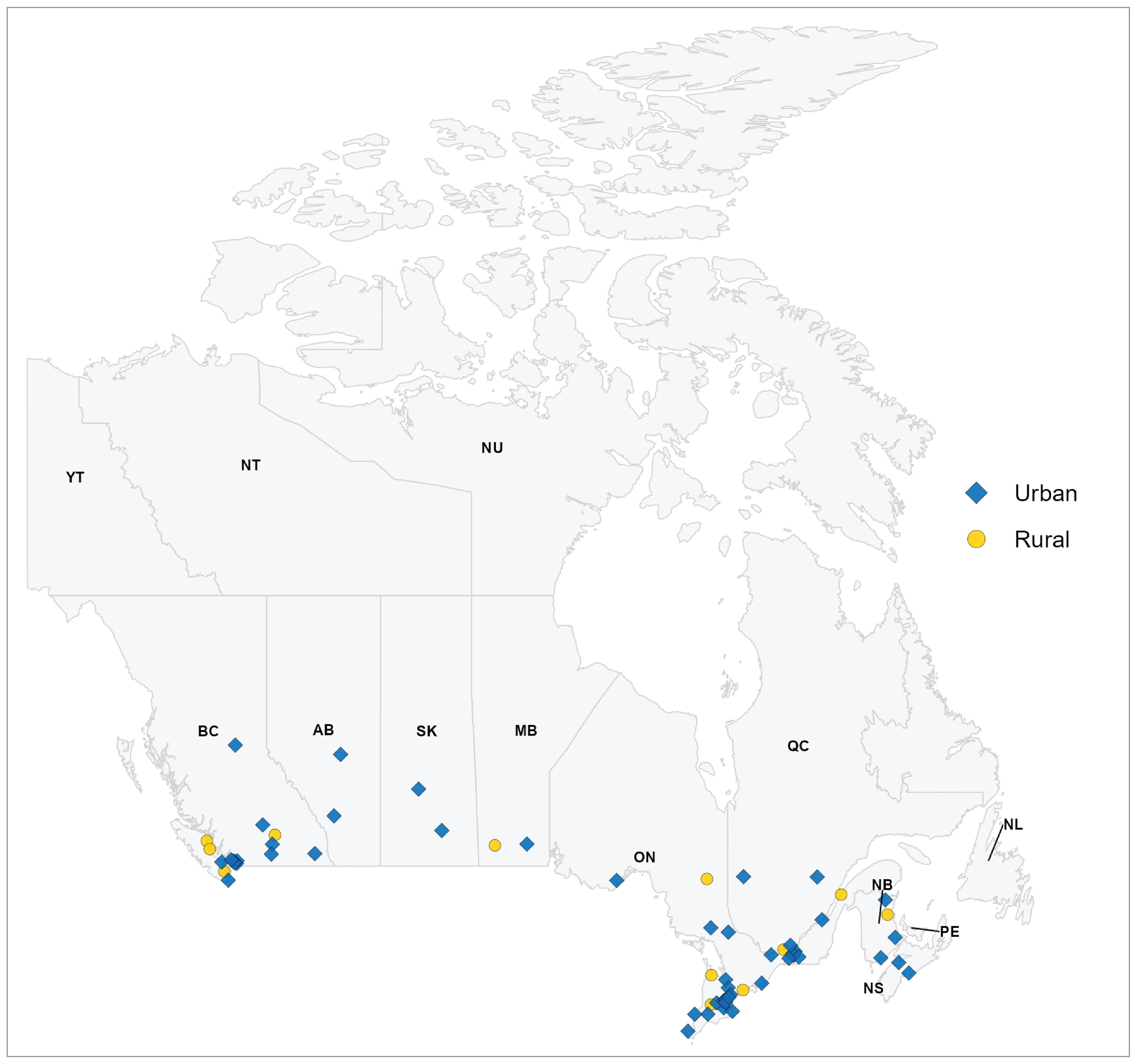 A map showing the number of sites across Canada that provide weekend MRI services. Of the 97 sites providing weekend services, 85 are in urban areas and 12 are in rural areas. No remote sites reported weekend MRI service availability.