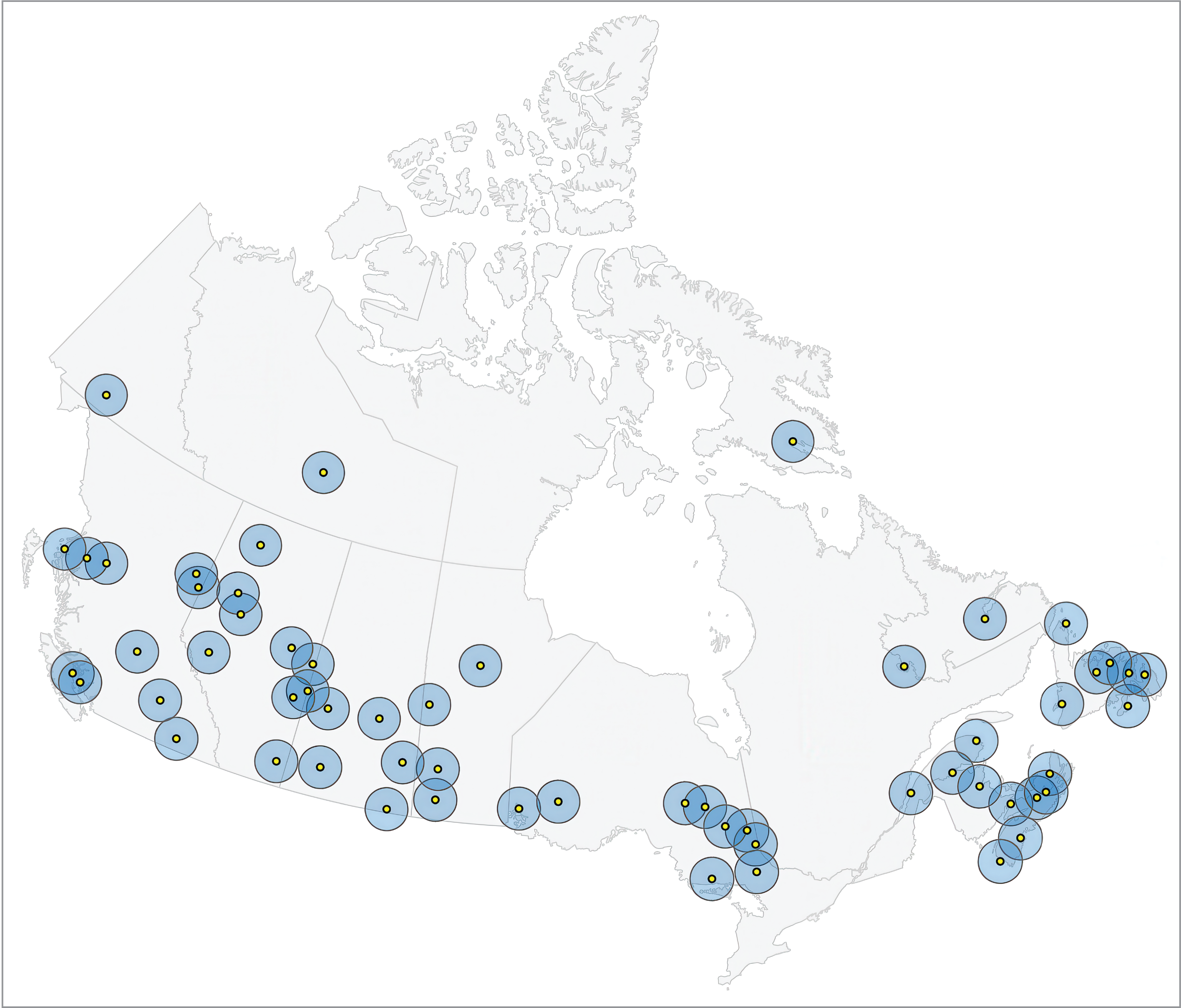 Map of Canada with smaller circles representing CSDs with established CT services, and larger surrounding circles representing a 100 km radius used to calculate average populations. Markers are focused mostly on densely populated regions.