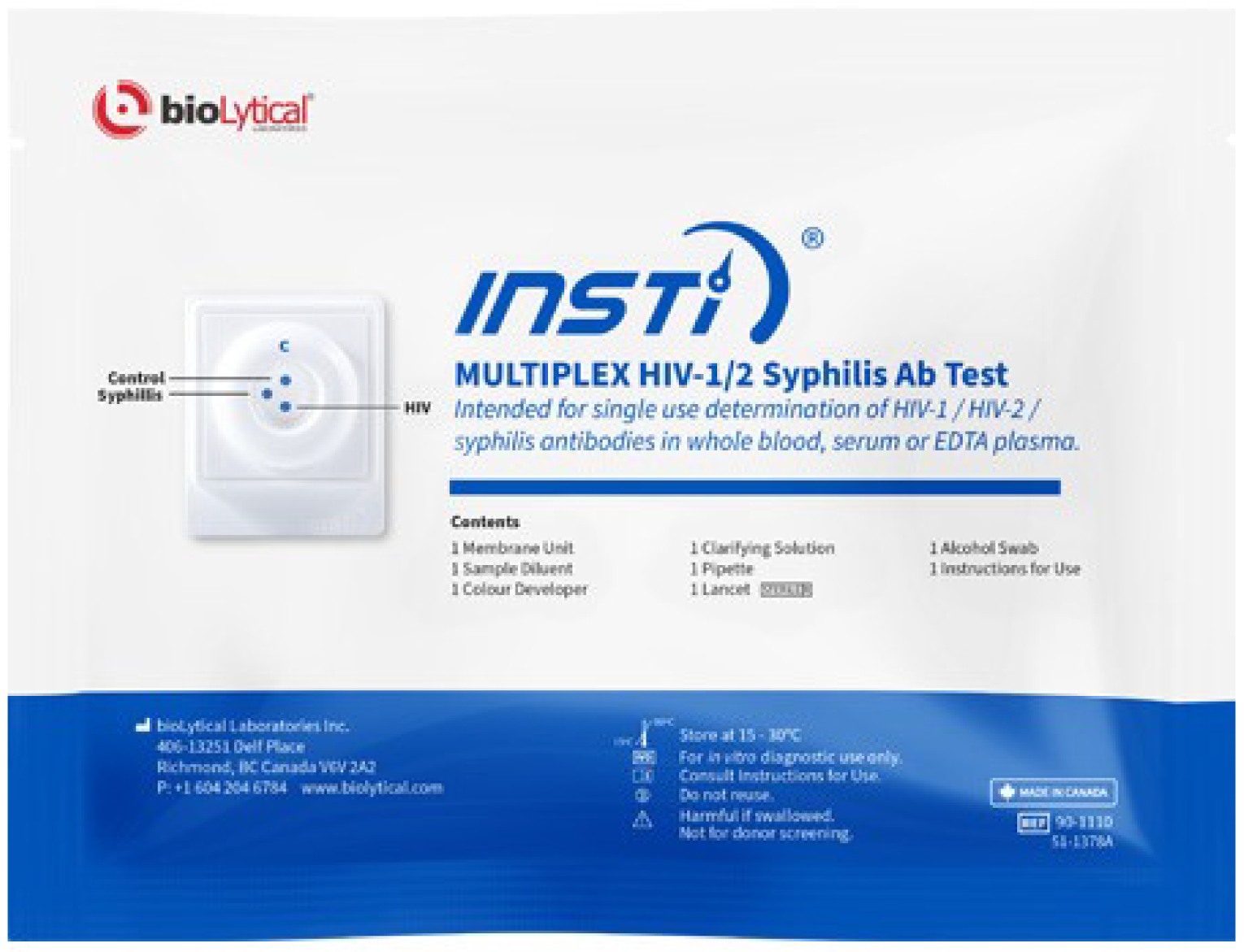 Alt text: Blue and white outer packaging of the INSTI Multiplex HIV/Syphilis point of care test intended for single use determination of HIV and syphilis antibodies in whole blood, serum, or EDTA plasma.