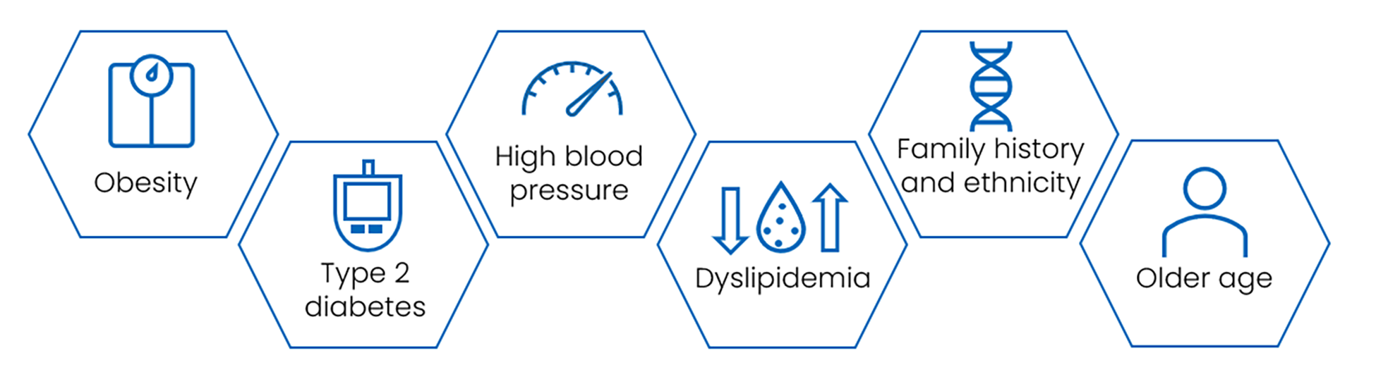 Six icons showing common clinical MASH risk factors: obesity, type 2 diabetes, high blood pressure, dyslipidemia, family history/ethnicity, and older age.