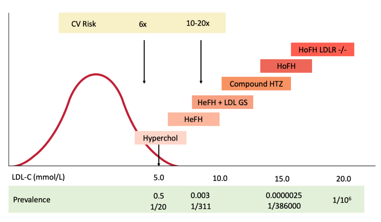 Figure 1 presents the LDL-C range and theoretical cardiovascular risk associated with different forms of hypercholesterolemia. It demonstates that from severe hypercholesterolemia to HoFH with null variant(s) in the LDLR gene, the cardiovascular risk increases, but with considerable overlap between the various FH genotypes.