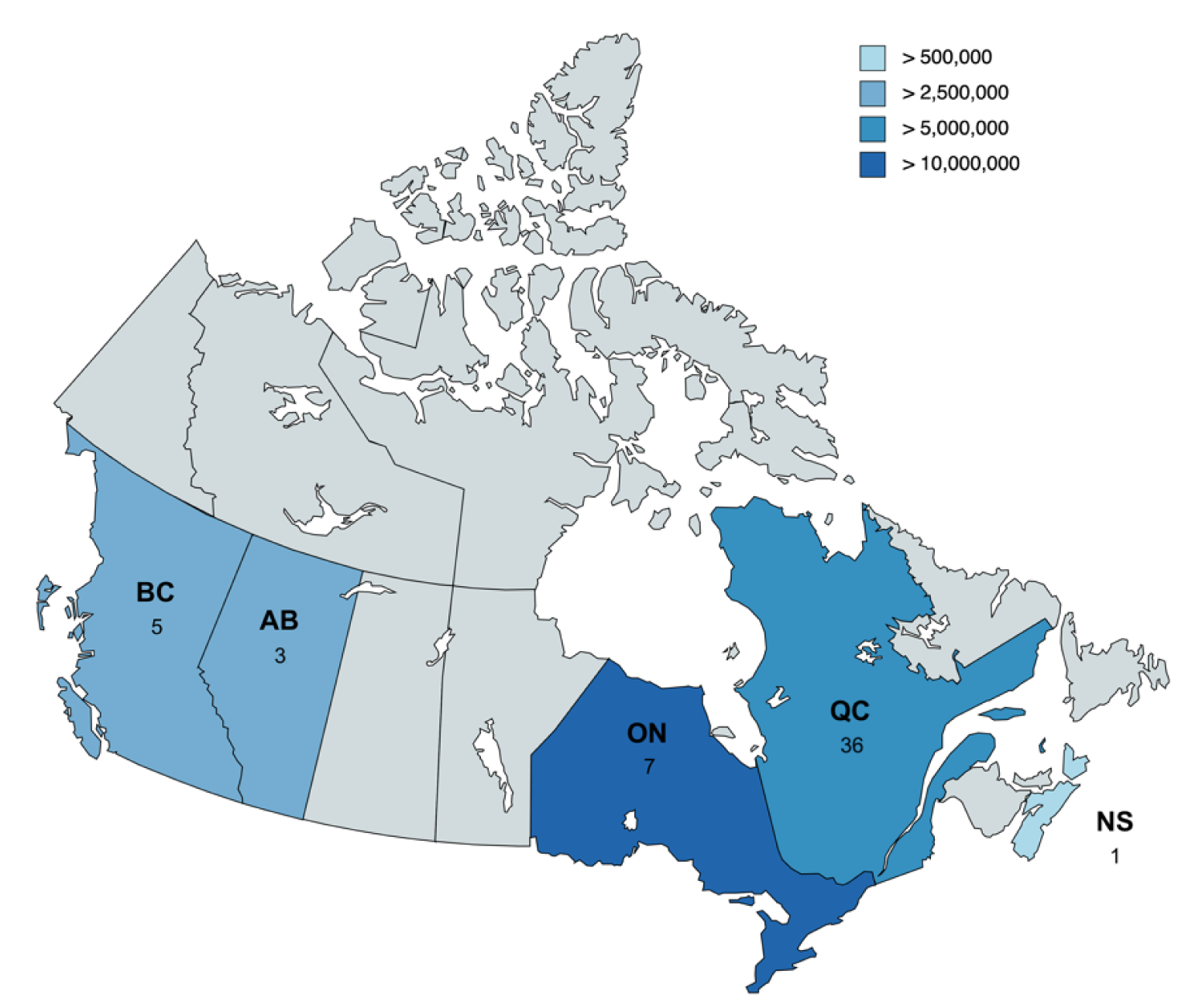 Figure 3 shows the geographical distribution of patients with HoFH in Canada, with a majority of patients in Quebec, attributable predominantly to founder effects of 2 distinct variants of the LDLR gene among French Canadians.