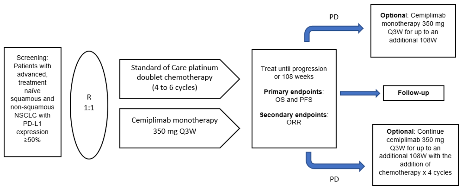 The figure shows phases of the EMPOWER-Lung 1 study, where patients were randomized 1:1 to receive either cemiplimab monotherapy or standard of care platinum-doublet chemotherapy until progression or for a maximum of 108 weeks. Following the initial treatment phase, patients in the chemotherapy arm had the option to receive cemiplimab monotherapy and patients in the cemiplimab arm had the option to continue cemiplimab monotherapy with the addition of 4 cycles of chemotherapy.