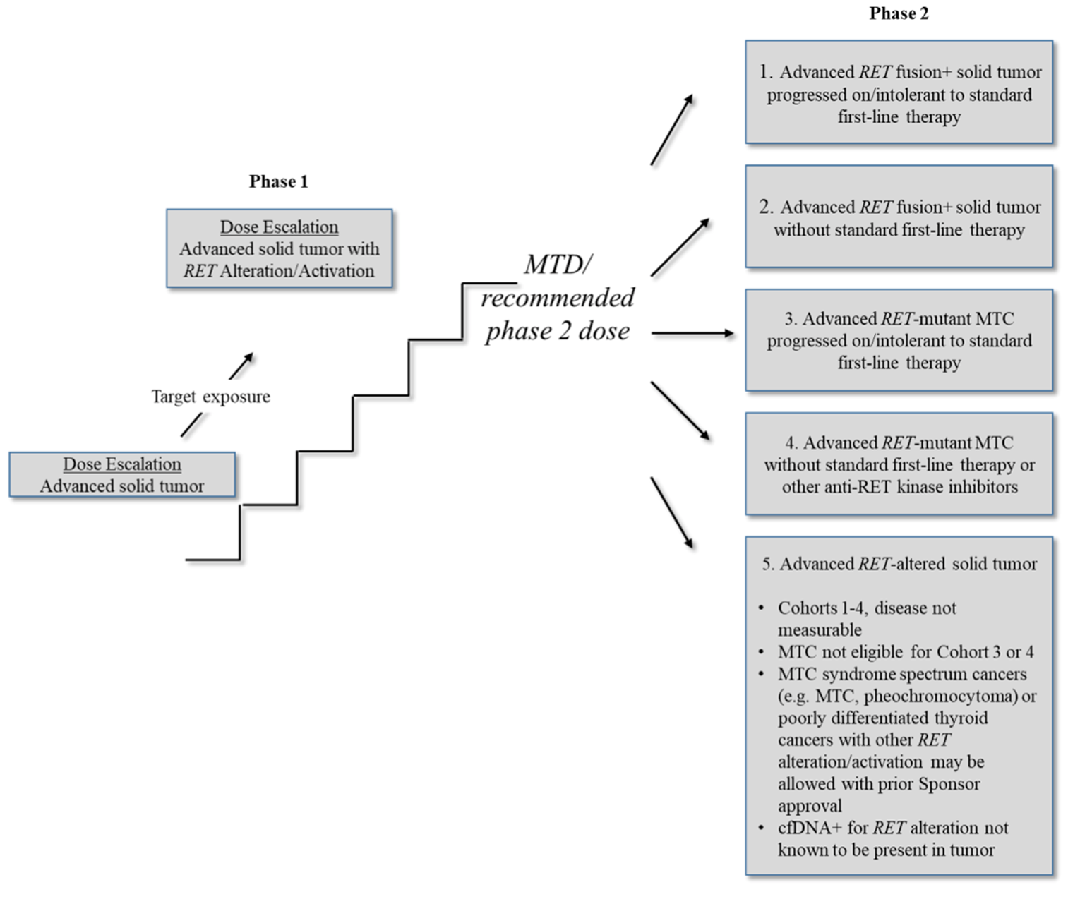 The objective of phase I was dose escalation in advanced solid tumours with RET alteration/activation to determine the MTD/RD2D. In phase II there are 5 groups, including advanced RET fusion plus a solid tumour on or without standard first-line therapy, advanced RET-mutant MTC on or without standard first-line therapy, and advanced RET-altered solid tumour.
