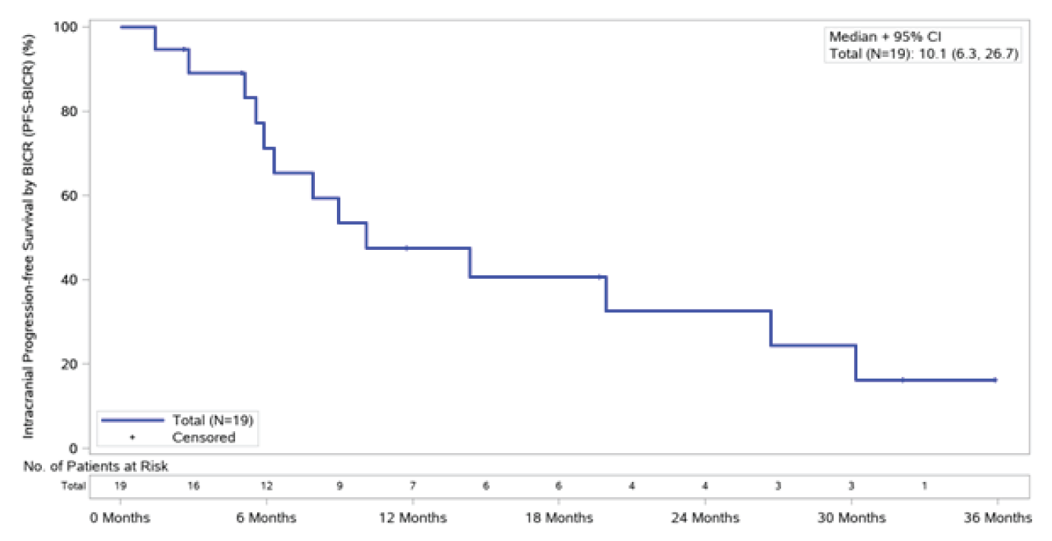 This Kaplan–Meier plots for intracranial PFS for patients with CNS metastases at baseline (N = 19).