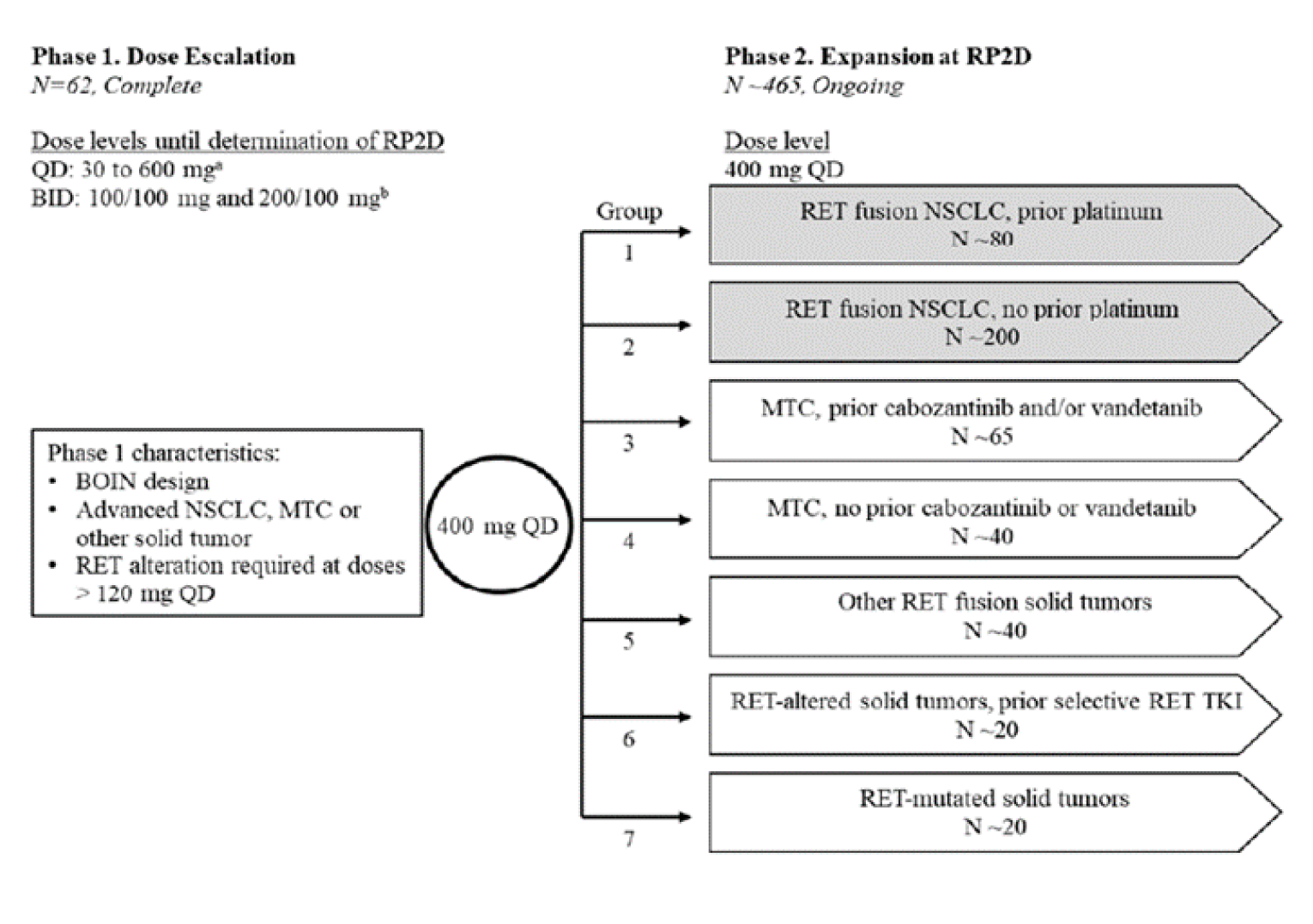 The figure shows the ARROW study schematic. Phase 1 (N&nbsp;= 65) consisted of a dose escalation phase where doses were escalated until the determination of the recommended phase 2 dose. QD was planned to be escalated from 30 to 600 mg and BID was escalated from 100/100 mg to 200/100 mg. Phase 2 (N&nbsp;= approximately 465, ongoing) was an expansion at using 400 mg QD, patients were split in 7 groups with the first group being RET fusion NSCLC, prior platinum (N&nbsp;= approximately 80) and the second group being RET fusion NSCLC, no prior platinum (N&nbsp;= approximately 200).