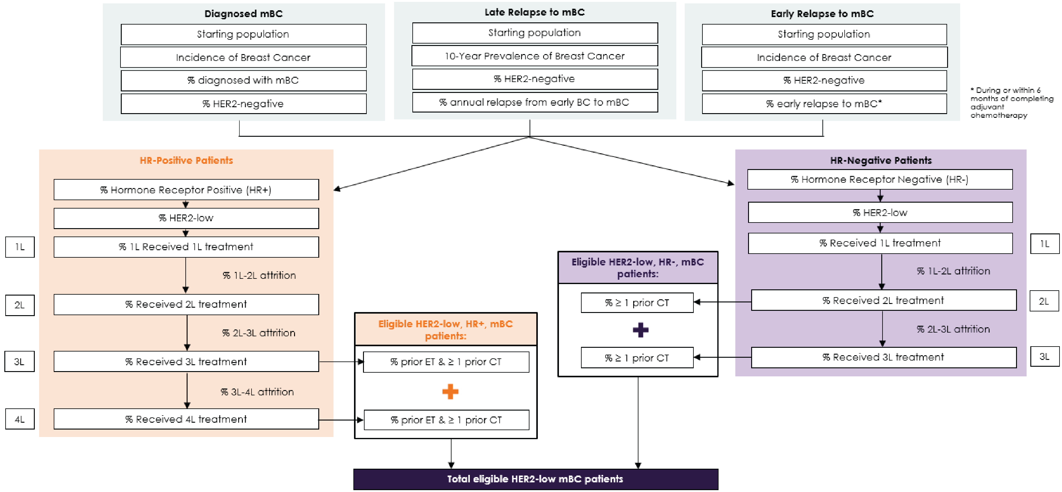 The analytic framework, which used a top-down epidemiology-based approach, leveraged data from multiple sources in the literature and assumptions based on clinical expert input to determine the estimated population size. The sponsor stratified the patient population by HR status and filtered patients based on their likelihood of being HER2 low and receiving various lined of therapy. Patients with HR-positive unresectable and/or metastatic HER2-low breast cancer could receive trastuzumab deruxtecan as third- and fourth-line treatment. Alternatively, patients with HR-negative unresectable and/or metastatic HER2-low breast cancer would be eligible to receive trastuzumab deruxtecan as second- and third-line treatment,