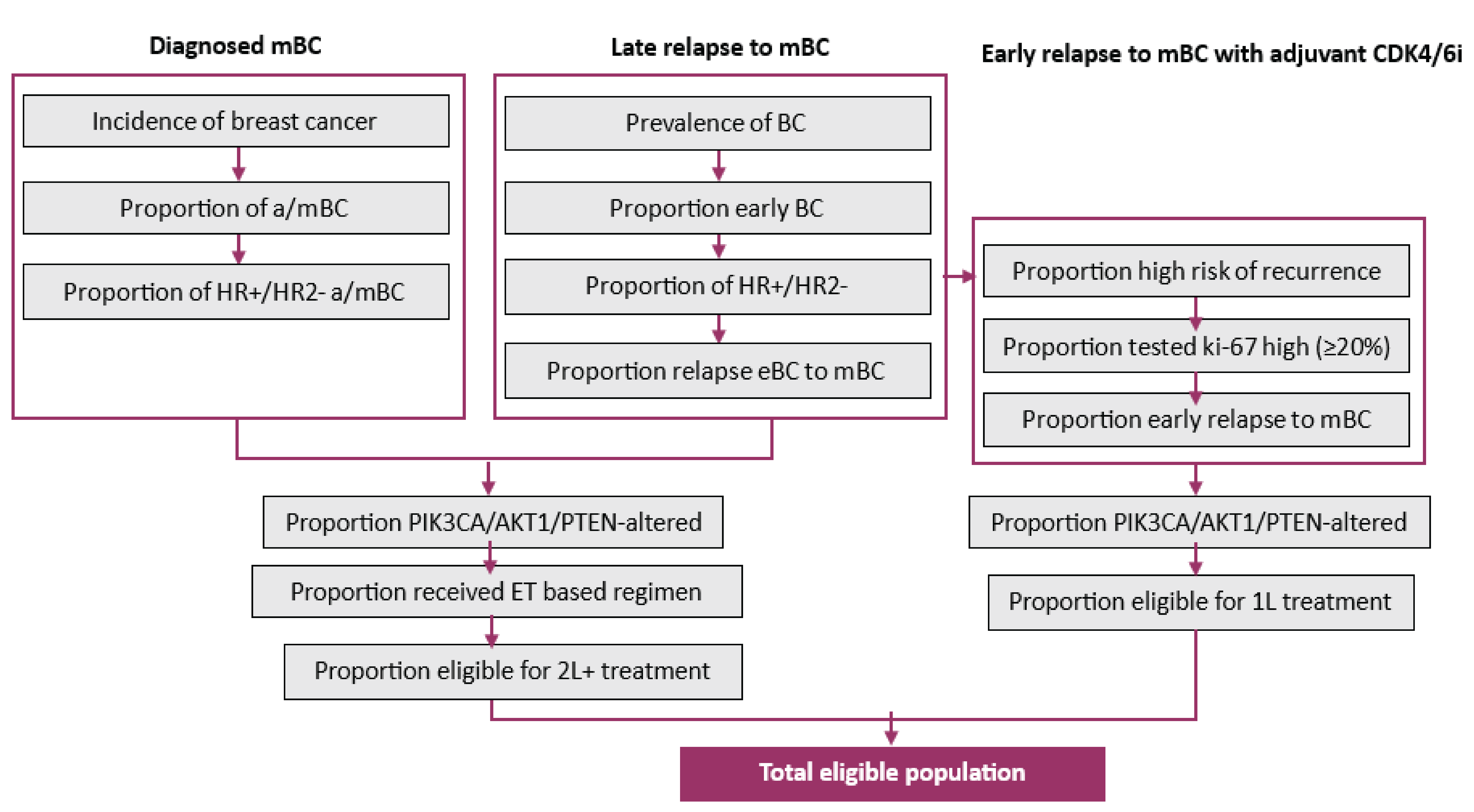 Figure 3 diagram details how the total eligible population was derived. The box on the top left titled diagnosed mBC details how patients diagnosed with metastatic breast cancer are identified. The box in the middle titled late relapse to mBC details how patients who develop metastatic breast cancer are identified. The box on the right titled early relapse to mBC with adjuvant CDK4/6u details how patients who relapse early on adjuvant therapy are identified.