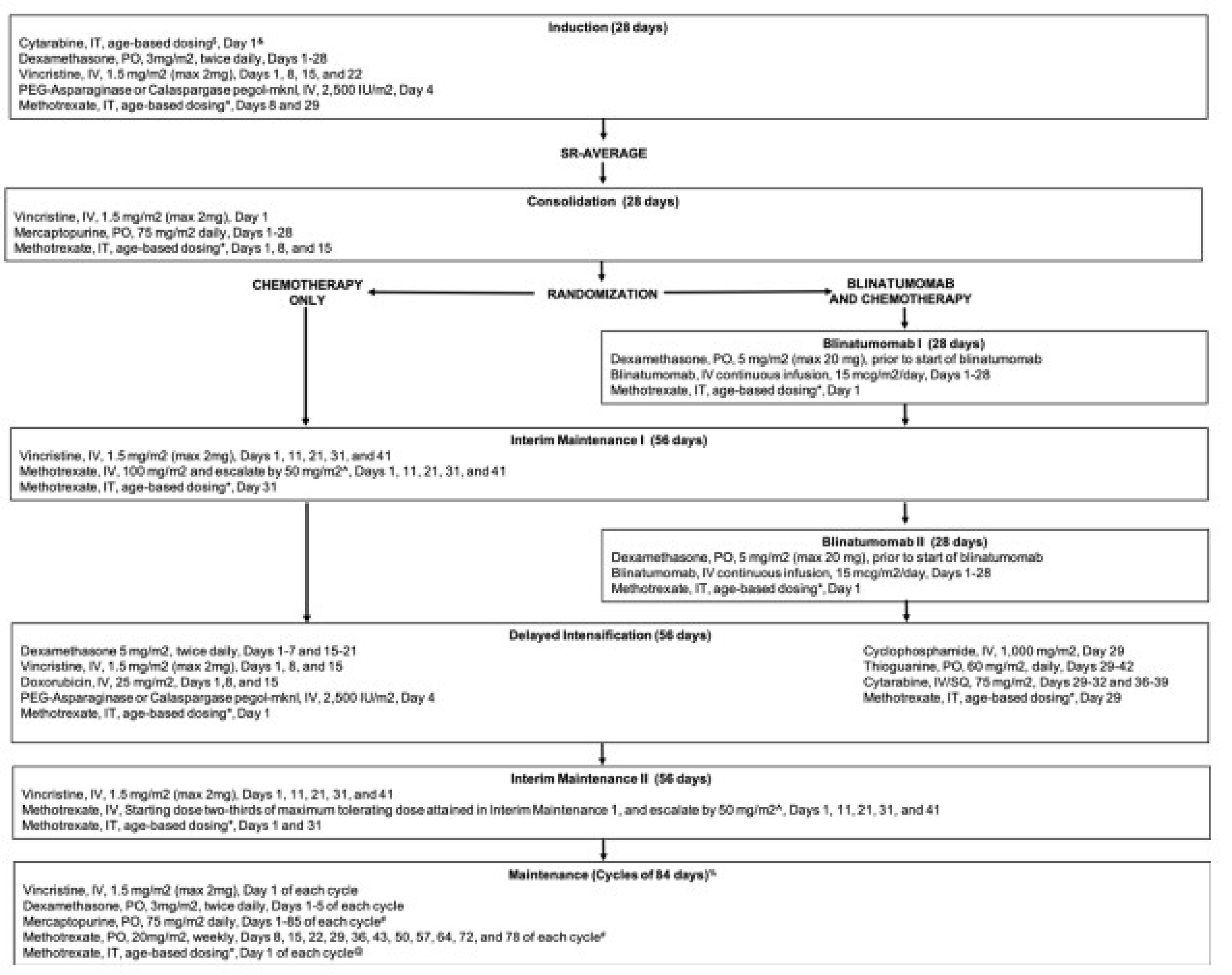 Flow chart of movement of patients through the AALL1731 trial for the standard risk–average cohort. All patients initially received induction treatment before stratification by relapse risk and receipt of consolidation treatment. Patients were then randomized to either the blinatumomab plus chemotherapy arm or chemotherapy.