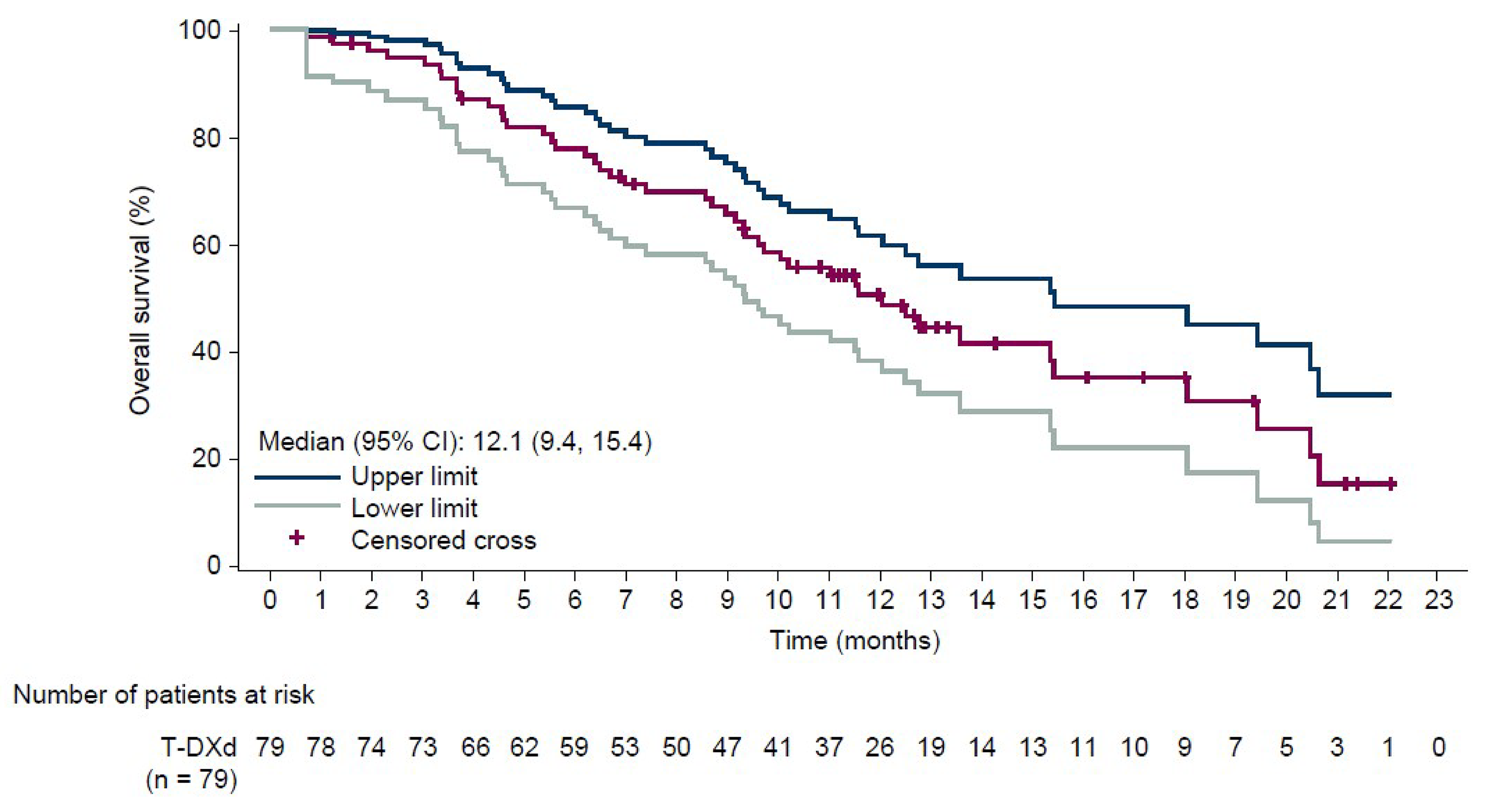 Kaplan-Meier plots of OS in the FAS of the DESTINY-Gastric02 trial as of the data cut-off date of November 8, 2021. The vertical axis plots the survival probability, and the horizontal axis plots time by months. The median OS was 12.1 months (95% CI, 9.4 months to 15.4 months). The probabilities of being alive were 77.8% (95% CI, 66.8% to 85.6%) at 6 months, 50.6% (95% CI, 38.4% to 61.5%) at 12 months, and 35.1% (95% CI, 22.1% to 48.4%) at 18 months.