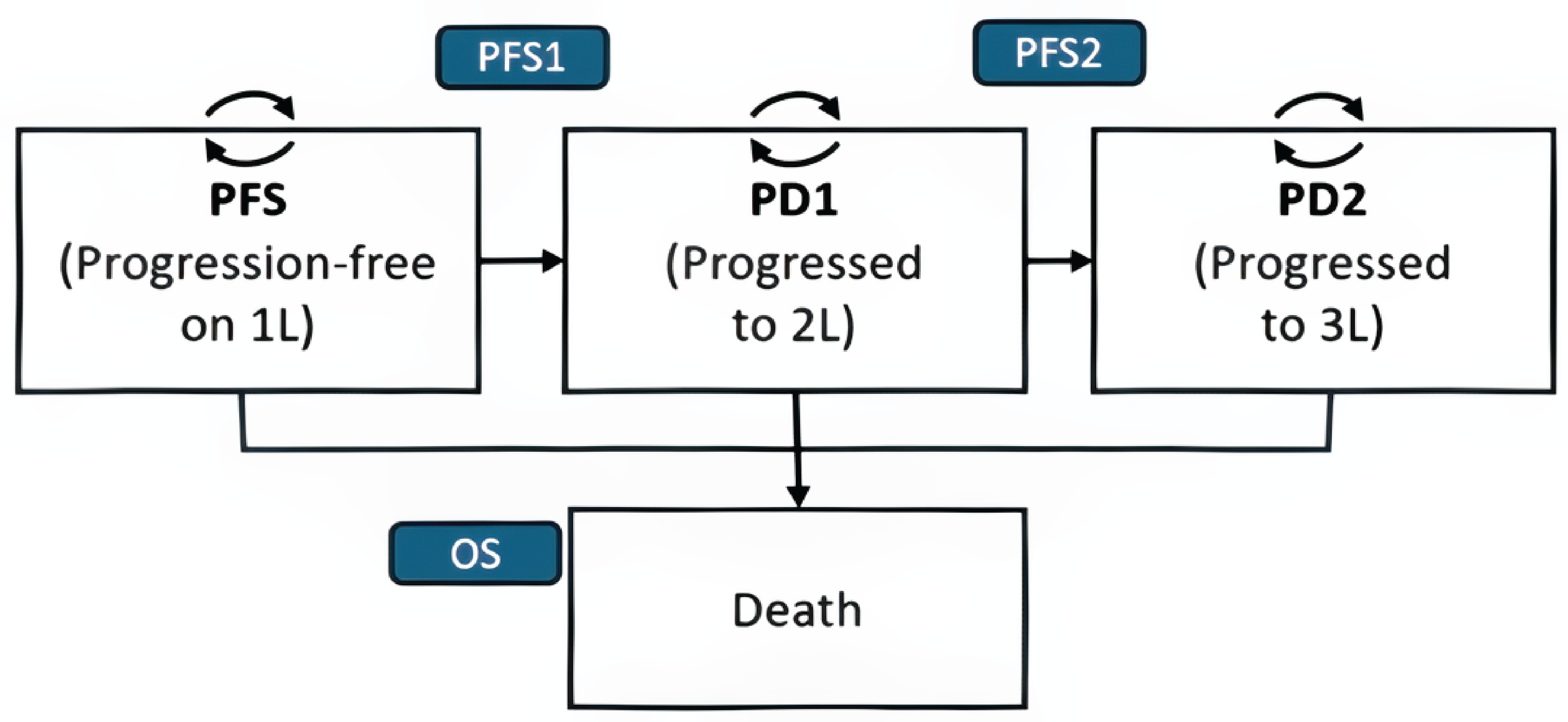 State-transition diagram with 4 health states: PFS, PD1, PD2, and death. Patients move sequentially from PFS to PD1 to PD2, with 1-way arrows between each state. Curved arrows above PFS, PD1, and PD2 indicate patients can remain in the same state over time. Transitions from PFS, PD1, and PD2 to death are also shown.