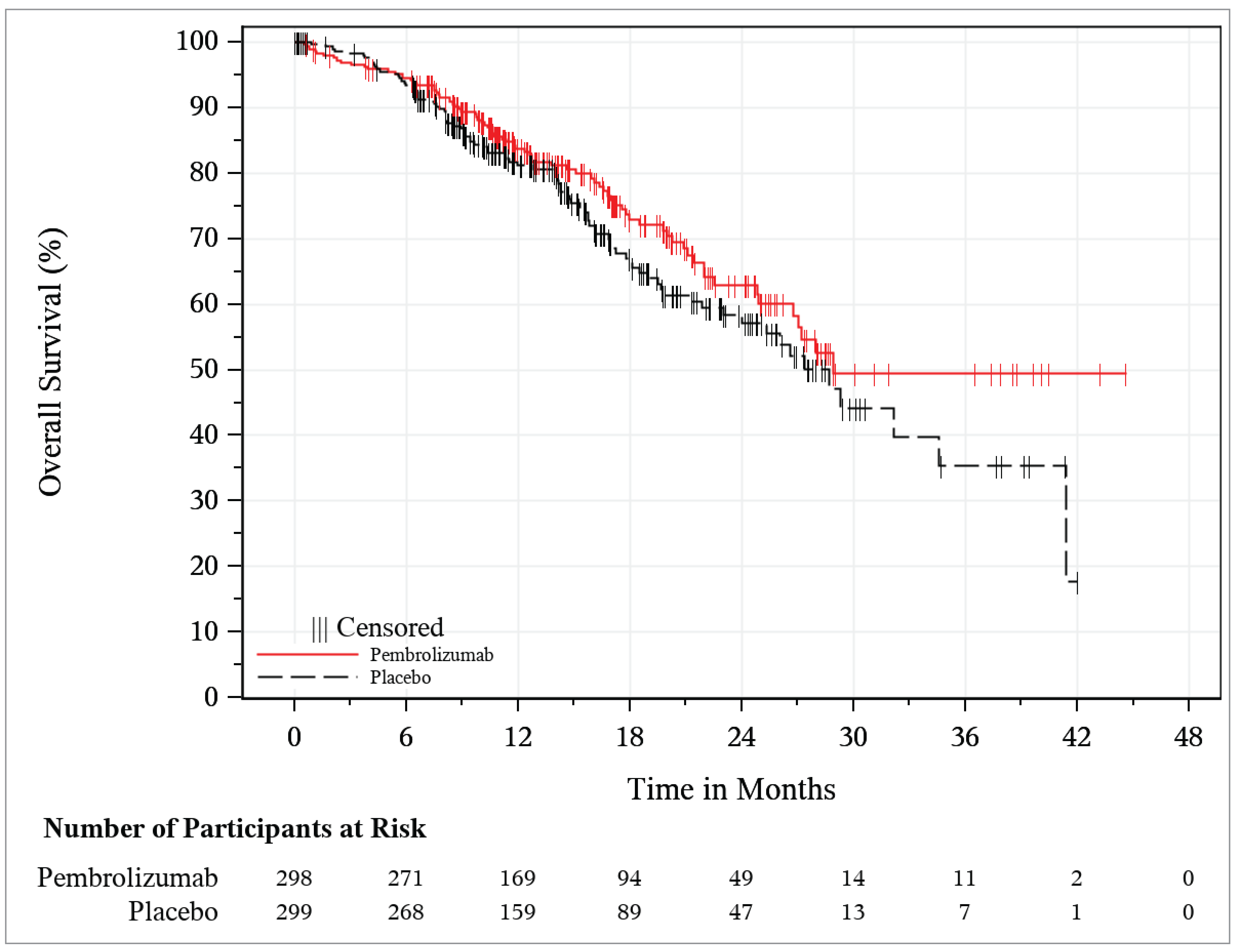 The KM curves begin to separate slightly between 12 months and 18 months and remain separated (but close together) thereafter in favour of pembrolizumab plus carboplatin-paclitaxel. There are few patients left at risk after 30 months.