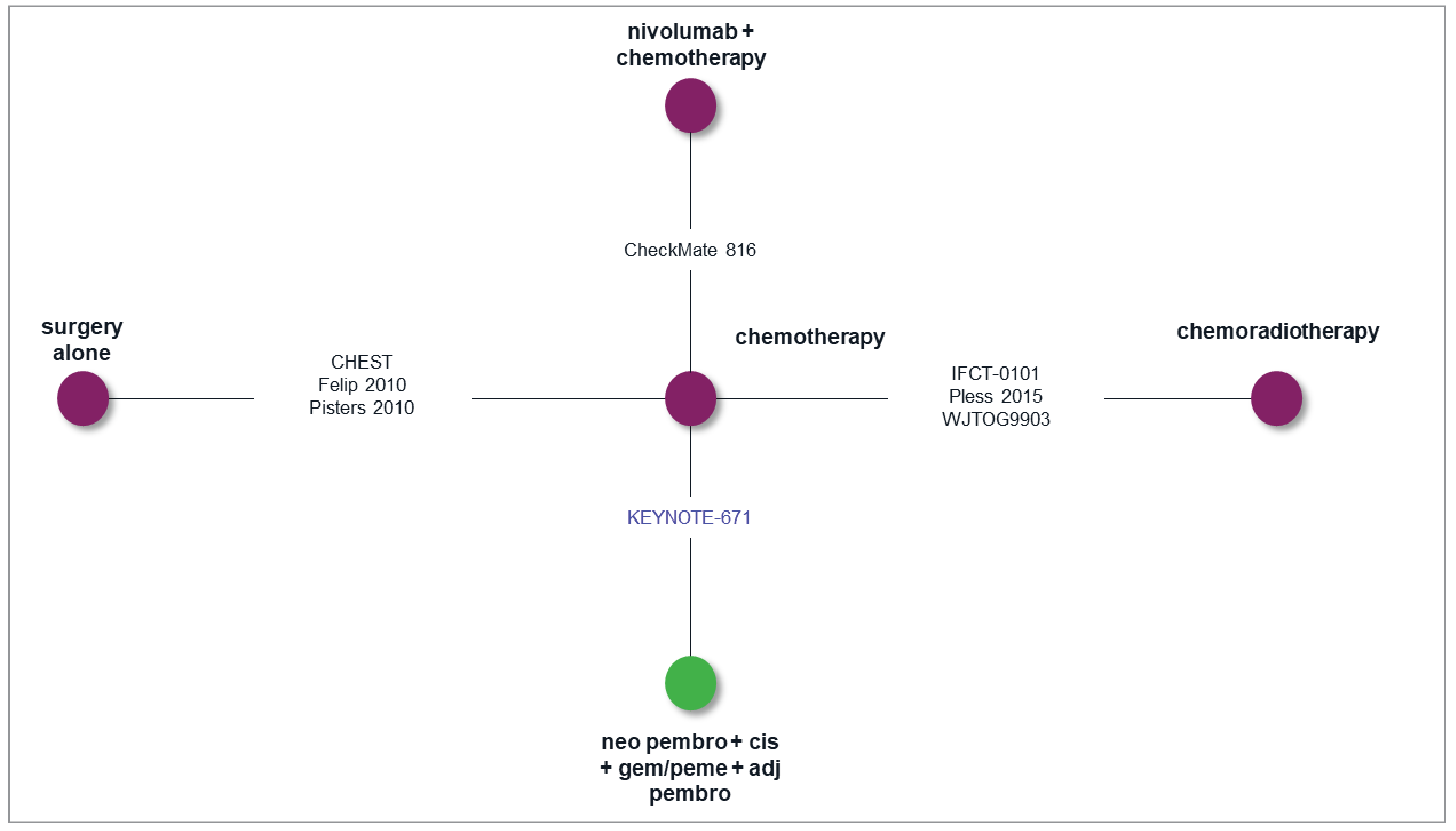 A network-of-evidence diagram showing 4 nodes connecting to the centre (chemotherapy) in the network for the NMA.