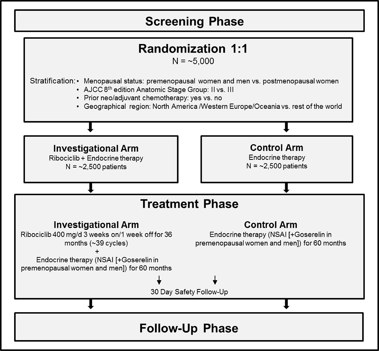 The NATALEE trial consisted of 3 phases: screening, treatment, and follow-up. In the screening phase, patients were screened for eligibility, confirmed by the investigator within 28 days before randomization. The treatment phase consisted of 28-day treatment cycles for up to 60 months plus 30 days of safety follow-up. Patients in the ribociclib plus aromatase inhibitor (AI) group received ribociclib plus AI for up to 36 months, patients in the AI alone group received either AI if they were postmenopausal women, or AI plus goserelin if they were premenopausal women and men. In both groups, patients received estrogen therapy for up to 60 months. Patients entered the follow-up phase after the 30-day safety follow-up visit.