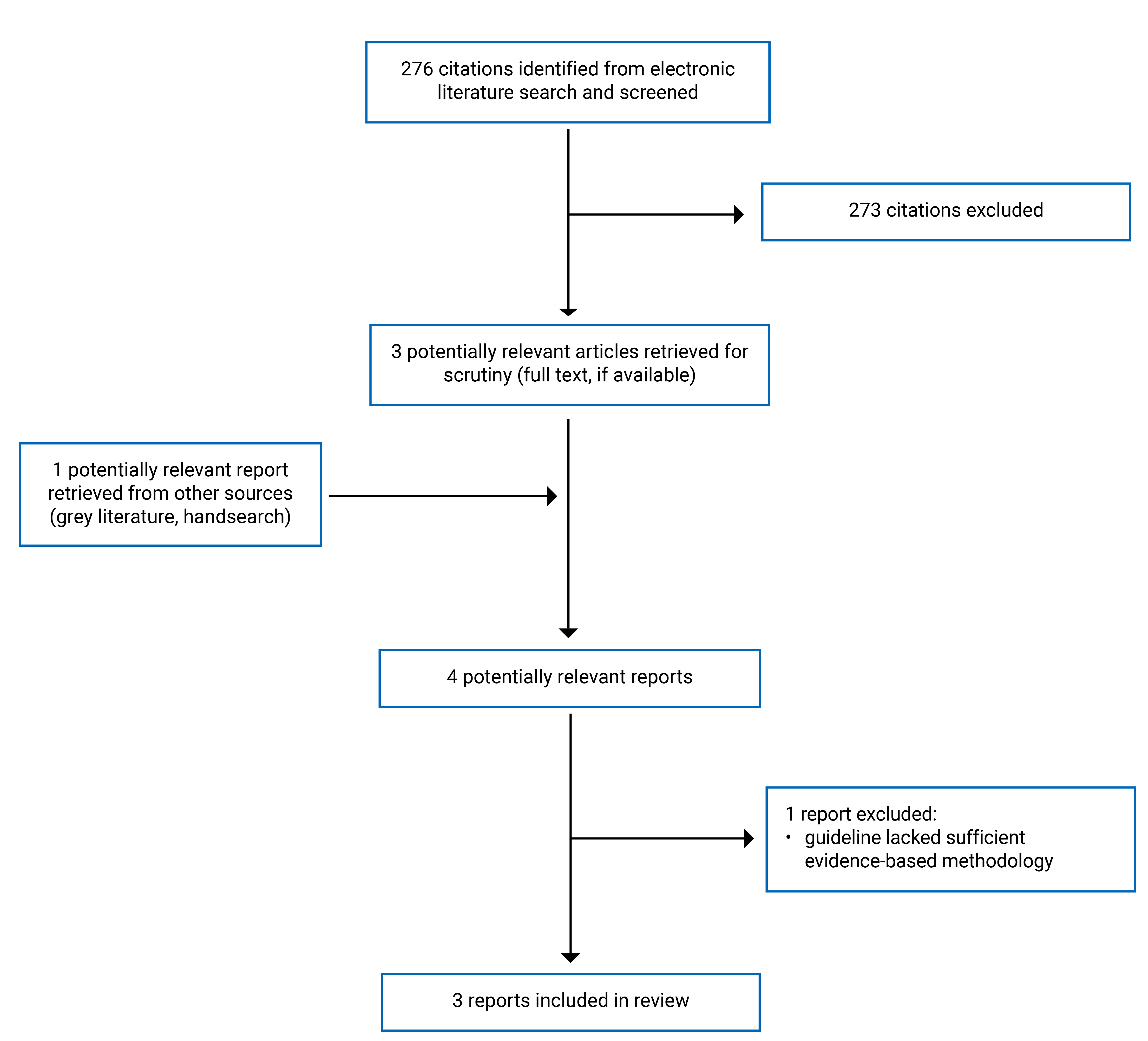 A total of 276 citations were identified, 273 were excluded, while 3 electronic literature and 1 grey literature potentially relevant full-text reports were retrieved for scrutiny. In total 3 reports are included in the review.
