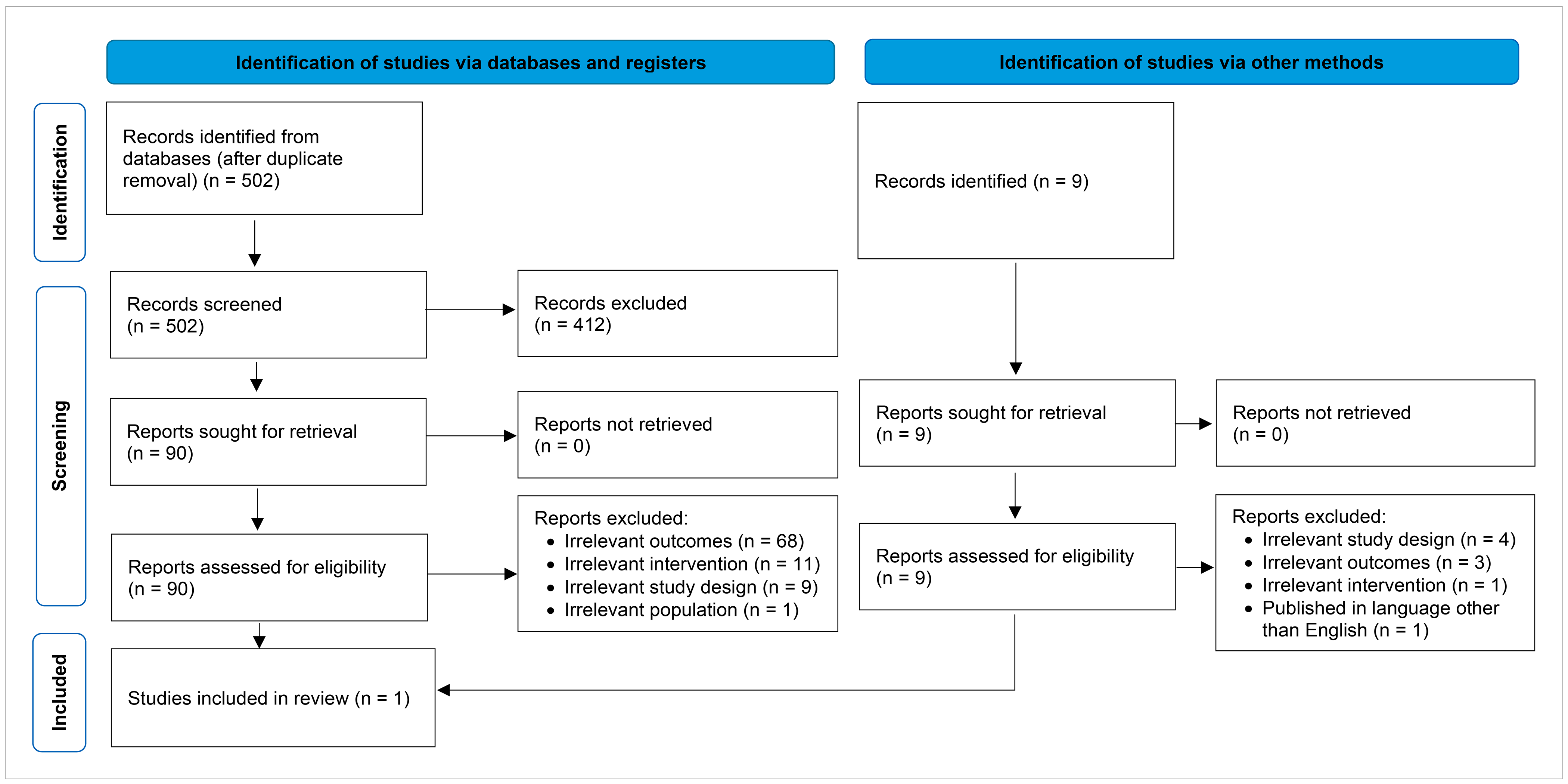 A flow diagram showing 502 citations were identified and 412 were excluded. There were 9 potentially relevant reports retrieved from other sources, for a total of 99 potentially relevant articles and grey literature reports retrieved for scrutiny. In total, 98 were excluded and 1 report was included in the review.