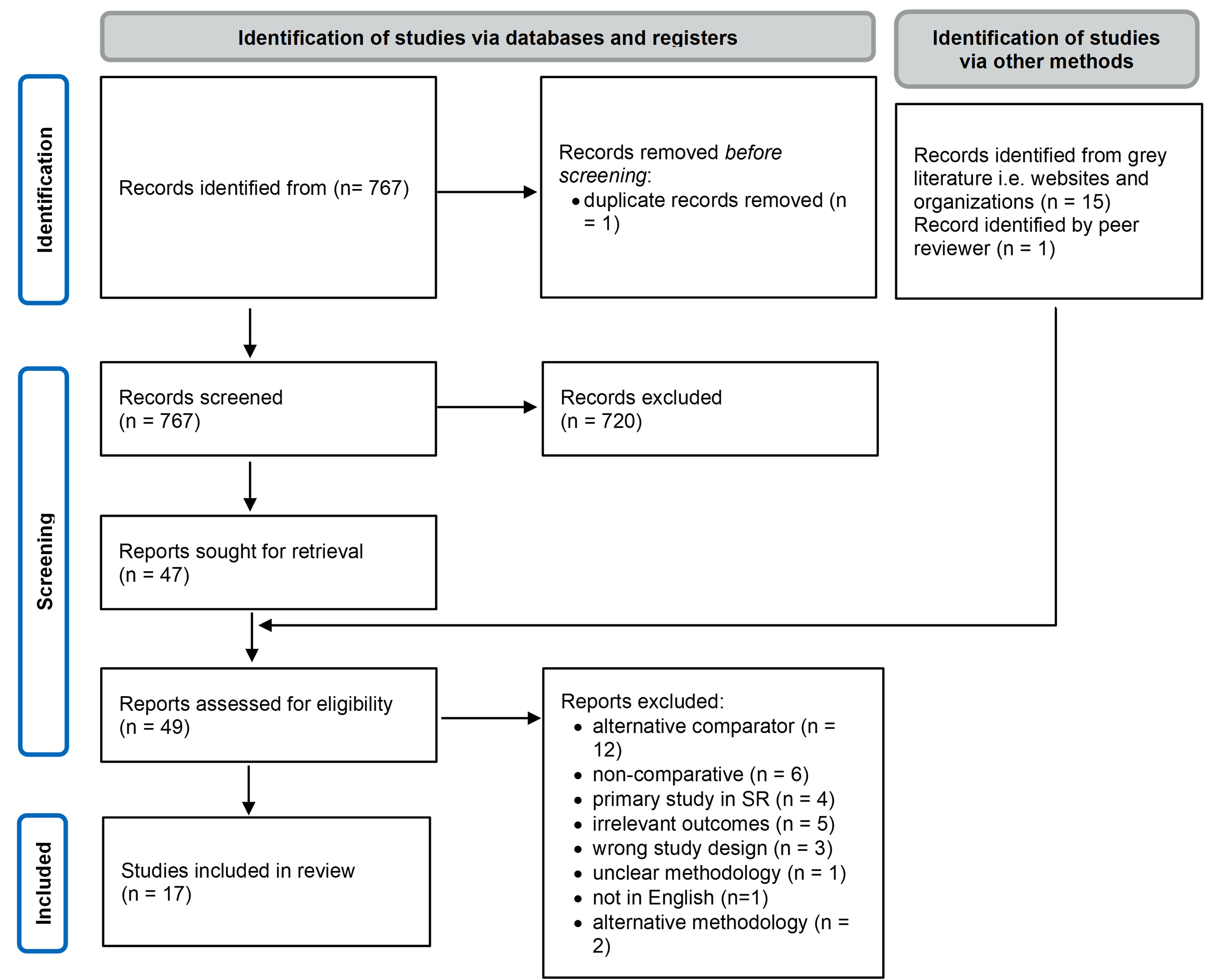 A flow diagram showing 767 citations were identified and 748 were excluded. There were 2 potentially relevant reports retrieved from other sources, for a total of 49 potentially relevant articles and grey literature reports retrieved for scrutiny. In total, 29 were excluded and 19 reports were included in the review.
