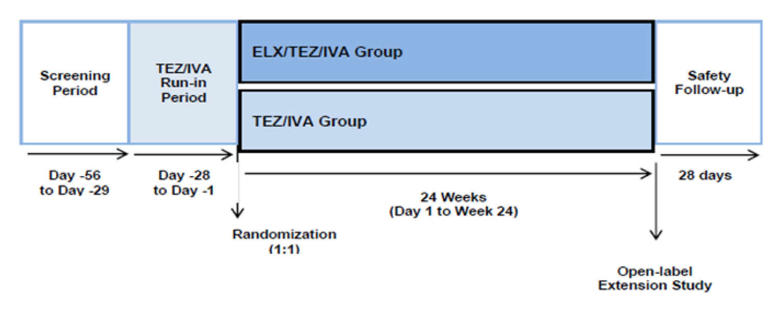 Study 109 consisted of a 28-day screening period, a 28-day open-label run-in period during which all patients received TEZ-IVA, a 24-week double-blind treatment period, and a 28-day follow-up period. Patients who completed the 24-week treatment period could enrol in the OLE study or enter the 28-day safety follow-up period.