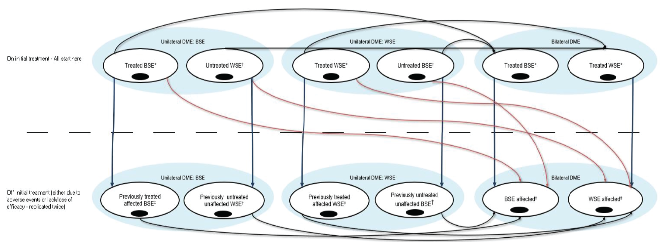 The figure depicts the structure of the sponsor’s economic model, with 12 health states that categorized patients’ eyes by treatment status, better-seeing and worse-seeing eyes, and bilateral or unilateral disease.
