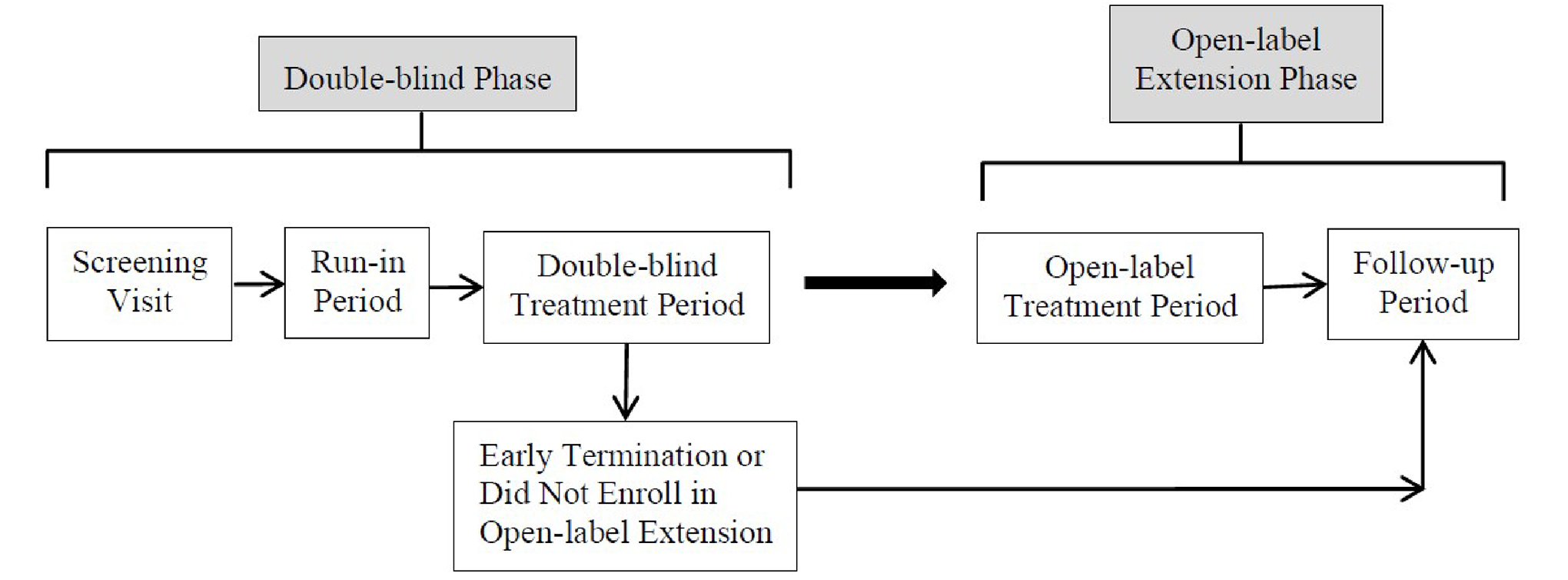 The KALM-2 study included a double-blind phase and an OLE phase. The double-blind phase consisted of a screening visit phase, a run-in period, and a double-blind treatment period. The OLE phase consisted of an open-label treatment period and a follow-up period. A safety follow-up visit was conducted after the ET visit for patients who discontinued the double-blind phase.