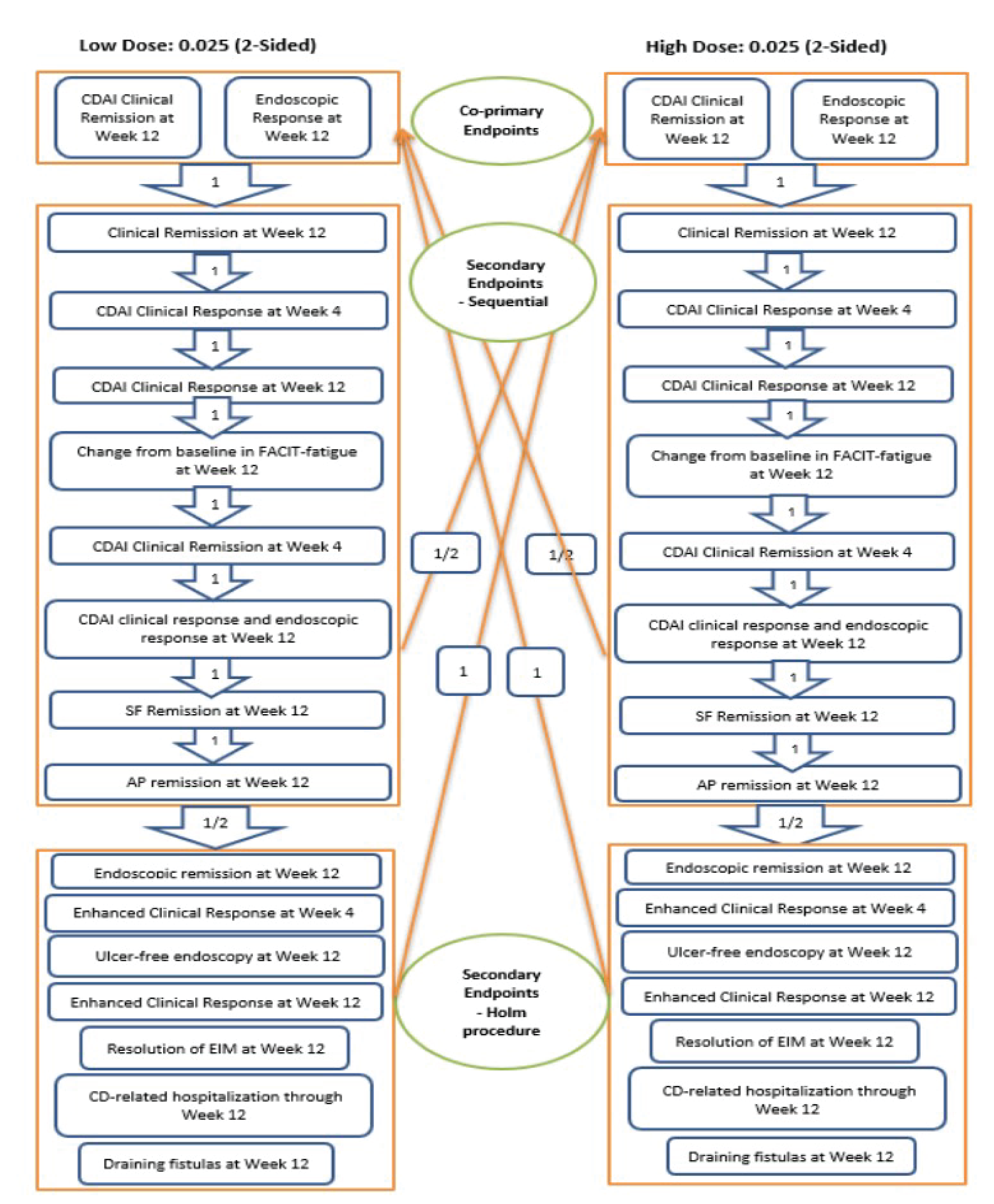 Testing for the difference between treatment groups across the co-primary and secondary end points was performed using a graphical multiplicity adjustment to control the family-wise type I error rate at a 2-sided significance level of 0.05. The co-primary end points were first tested, each using a two-sided significance level of 0.025. If those end points both reached statistical significance, the alpha was allocated to the ranked secondary end points which were tested sequentially.