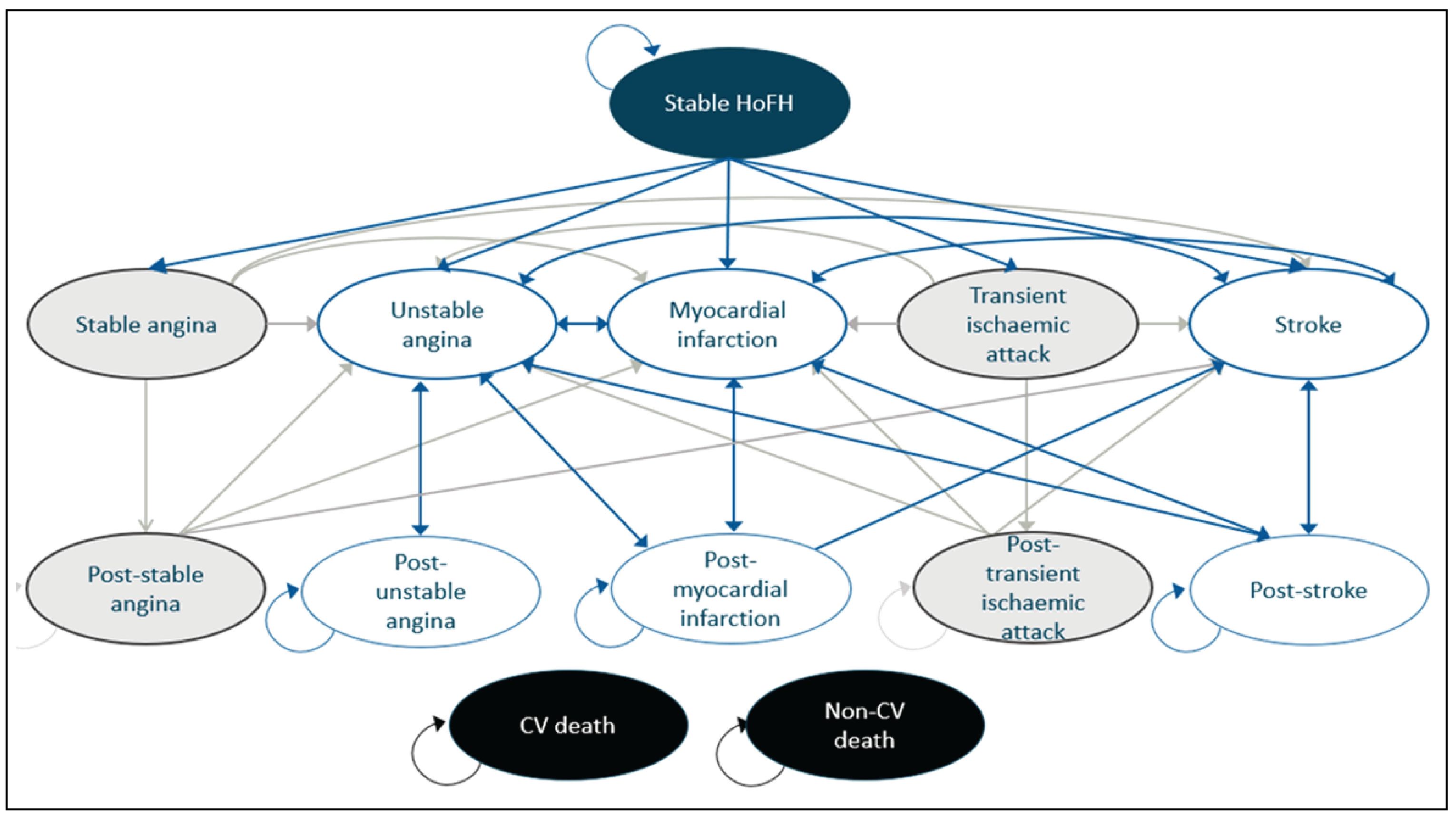 This figure depicts the model structure and how patients can move between the various health states.