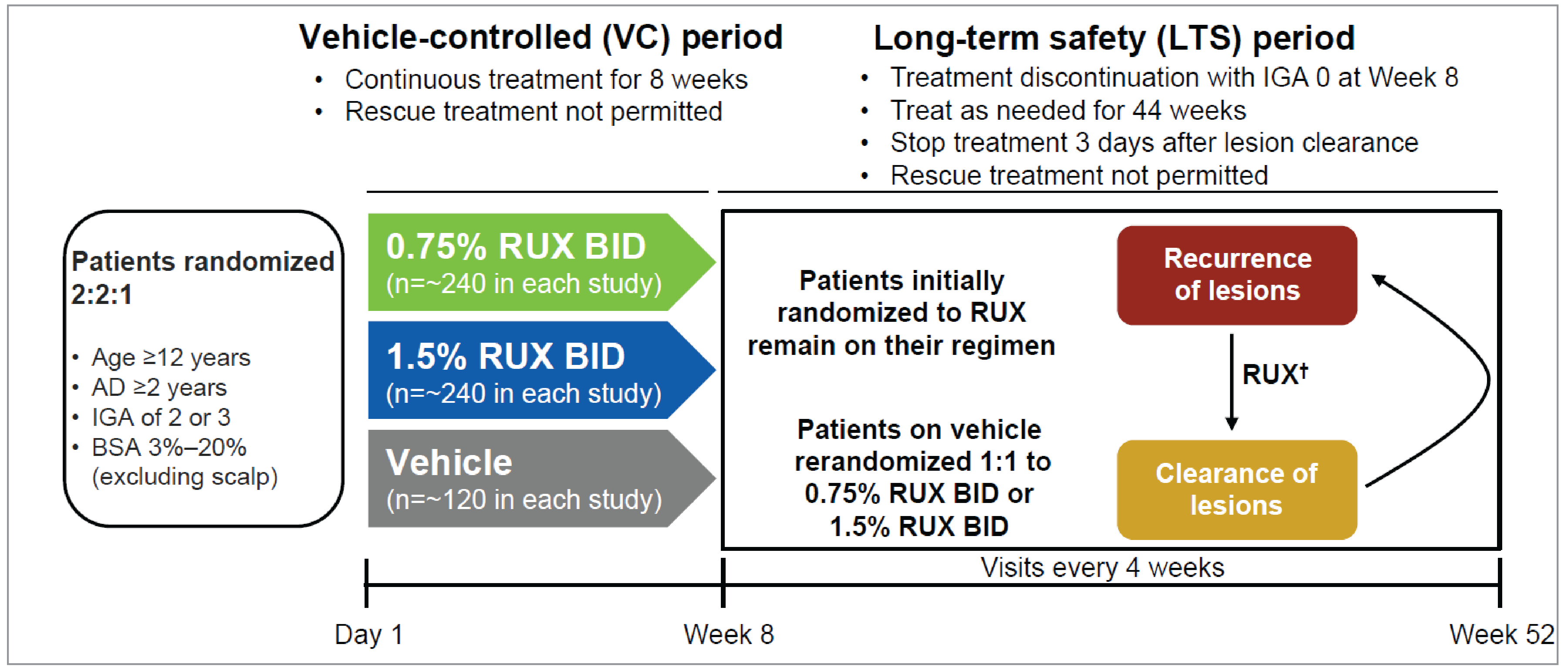 This figure illustrates the study design of the TRuE-AD1 and TRuE-AD2 trials. In the vehicle-controlled period, enrolled patients were randomized in a 2:2:1 ratio to receive either ruxolitinib 0.75% cream twice a day, ruxolitinib 1.5% cream twice a day, or vehicle cream twice a day for 8 weeks. In the long-term safety period, patients who initially received the vehicle cream in the vehicle-controlled period were rerandomized in a masked manner in a 1:1 ratio to 1 of the 2 active treatment groups (ruxolitinib 0.75% or 1.5% cream twice a day), receiving treatment as needed. Patients who initially received the active treatments during the vehicle-controlled period remained on the same regimen on an as-needed basis during the long-term safety period.