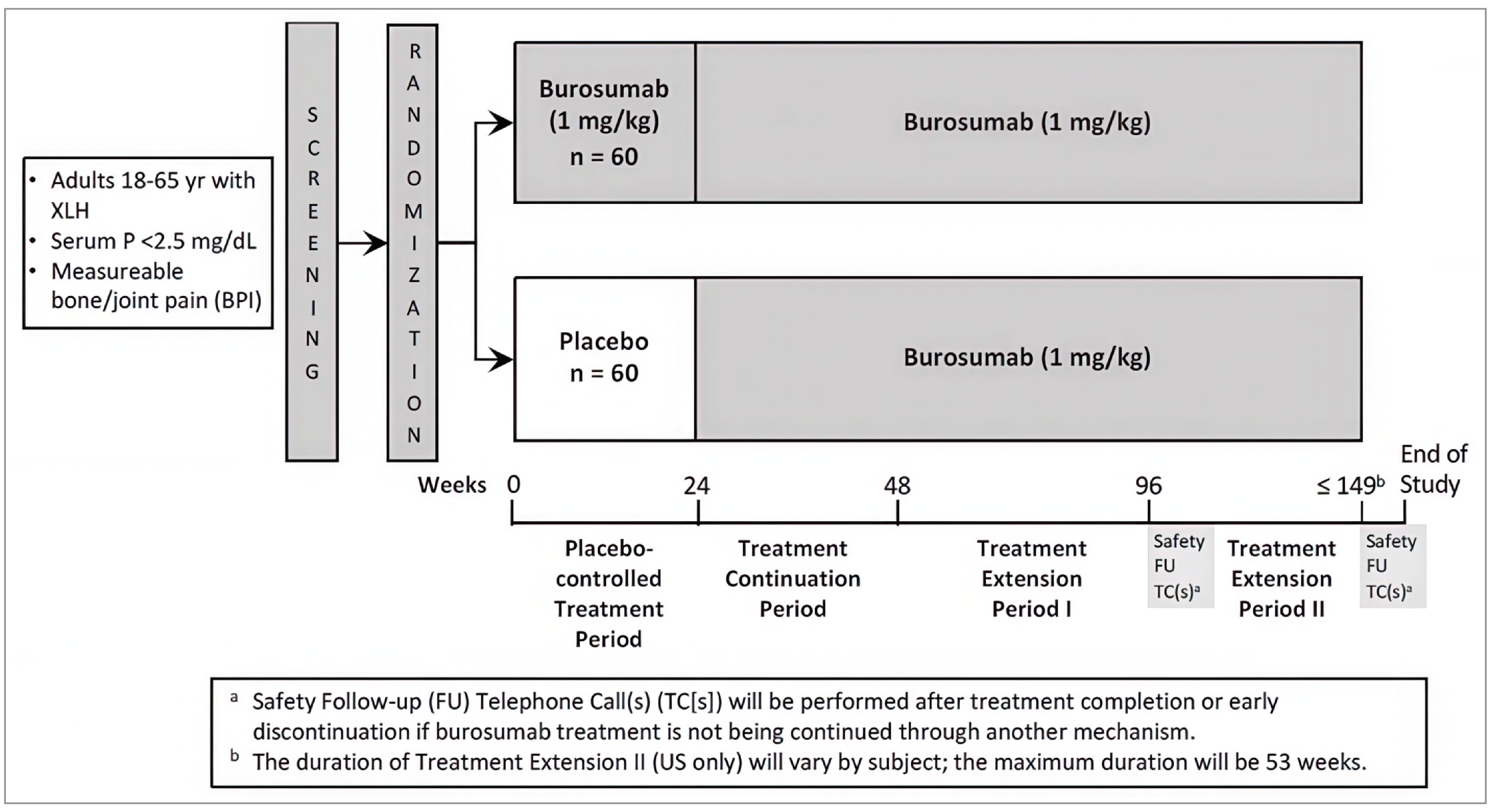Figure 1 contains a flow chart describing the study design for the CL303 trial. Screening criteria were as follows: being an adult aged 18 years to 65 years, having serum phosphorus levels less than 2.5 mg/dL (0.81 mmol/L), and having measurable bone and/or joint pain (BPI). Patients meeting these criteria were screened, and those meeting trial inclusion criteria were randomized to either burosumab 1 mg/kg (N&nbsp;= 60) or placebo (N&nbsp;= 60). Patients in the burosumab arm received this treatment for the entire duration of the placebo-controlled treatment period (week 0 to week 24), the treatment continuation period (week 24 to week 48), treatment extension period I (week 48 to week 96), and treatment extension period II (week 96 to week 149). Patients randomized to the placebo arm received placebo for the placebo-controlled treatment period and then were crossed over to receive burosumab for the remainder of the time.