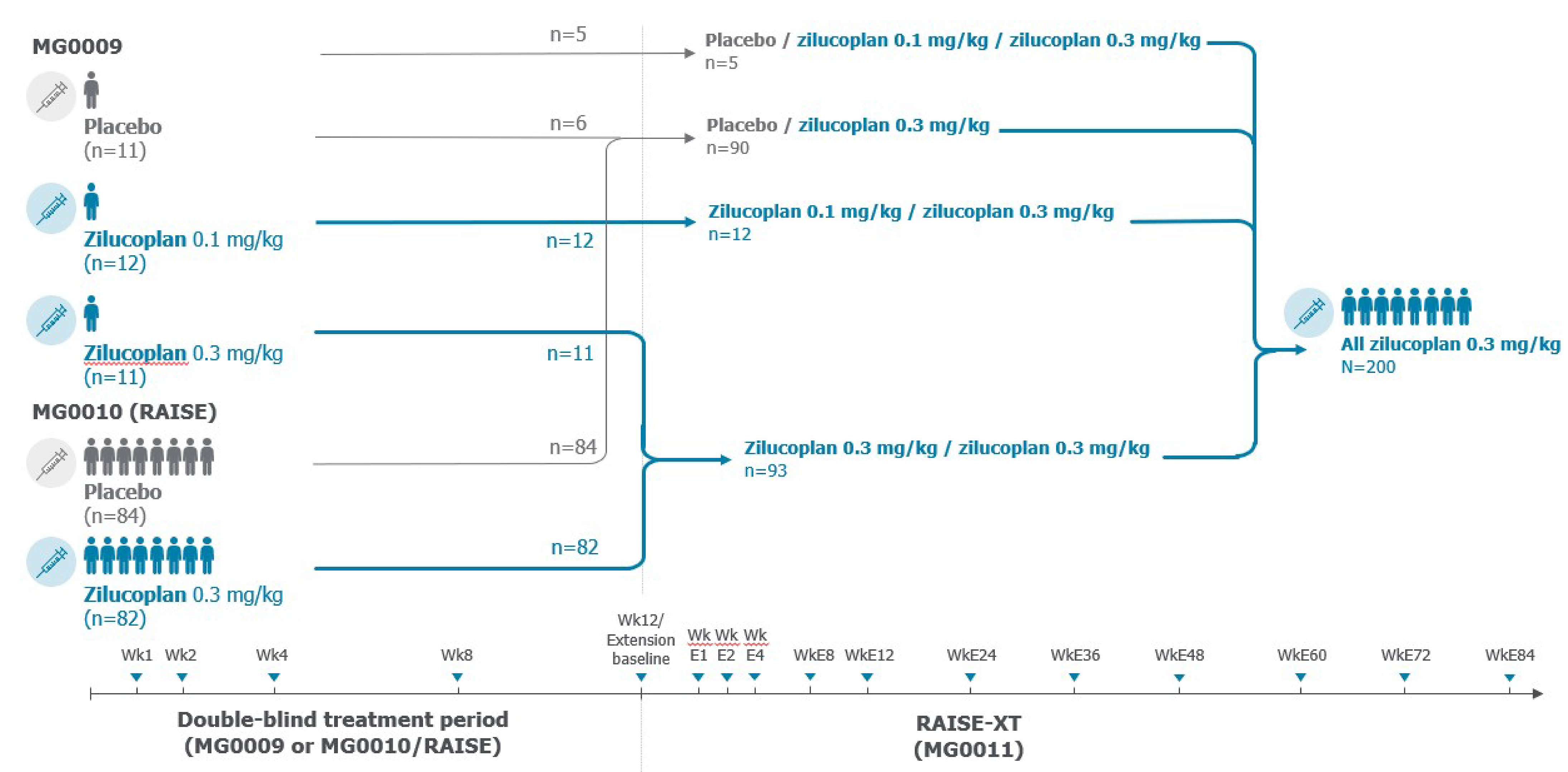 The RAISE-XT study included patients who had completed the double-blind treatment period (12 weeks) of a qualifying zilucoplan study (MG0009 or RAISE parent studies) and entered the RAISE-XT study. In the RAISE-XT study, the zilucoplan 0.3 mg/kg and zilucoplan 0.3 mg/kg group (N = 93) included patients who received zilucoplan 0.3 mg/kg in the MG0009 study (n = 11) or in the RAISE study (n = 82). In the RAISE-XT study, the placebo and zilucoplan 0.3 mg/kg group (N = 90) included patients who received placebo in the MG0009 (n = 6) or in the RAISE study (n = 84).