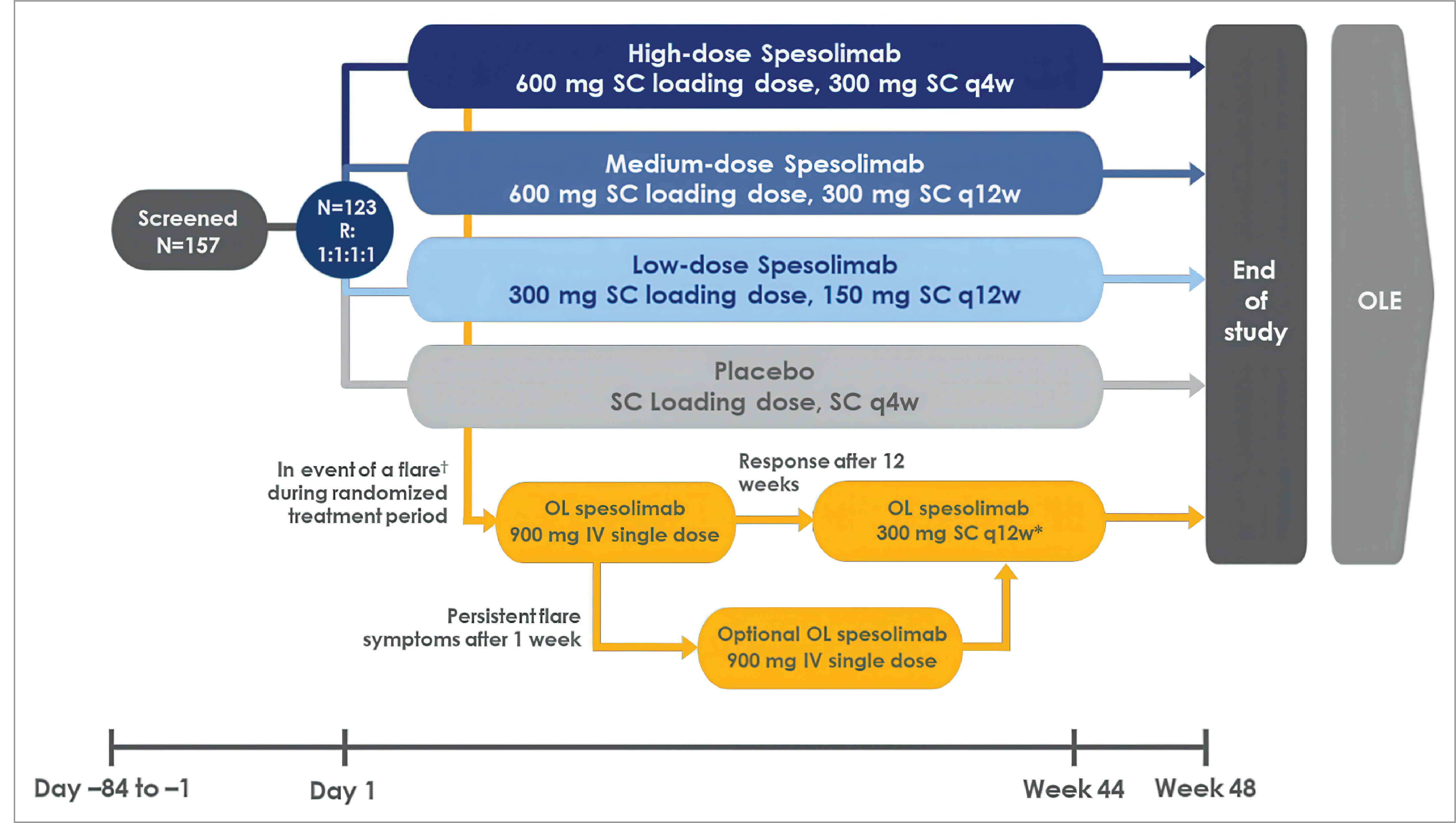 The study design of the Effisayil 2 trial shows how patients were screened from day −84 through to day −1. On day 1, randomization occurred and patients received 1 of 4 treatment options: low, medium, and high-dose spesolimab, and placebo. The end of the study occurred at week 48 when patients interested in the open-label study were rolled over to the long-term study.