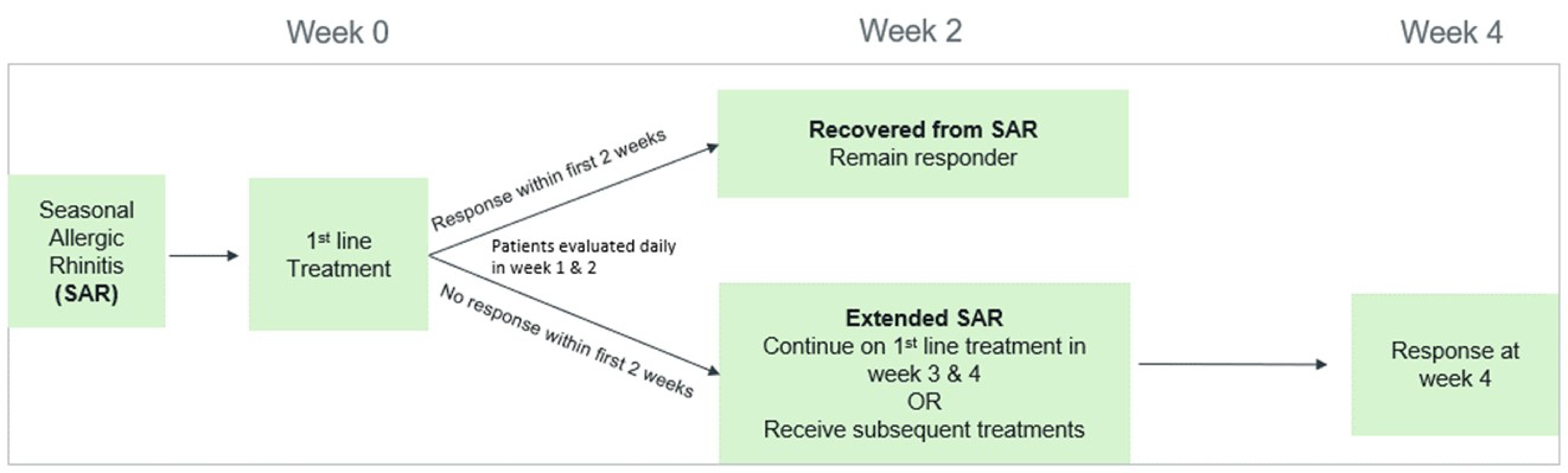 Diagram showing the structure of the submitted decision tree. Patients enter the model receiving first-line treatment for seasonal allergic rhinitis (SAR). Patients who responded within the first 2 weeks of treatment entered a recovered health state, while those who did not entered an extended SAR health state and either continued on the first-line treatment for an additional 2 weeks or received subsequent treatments.