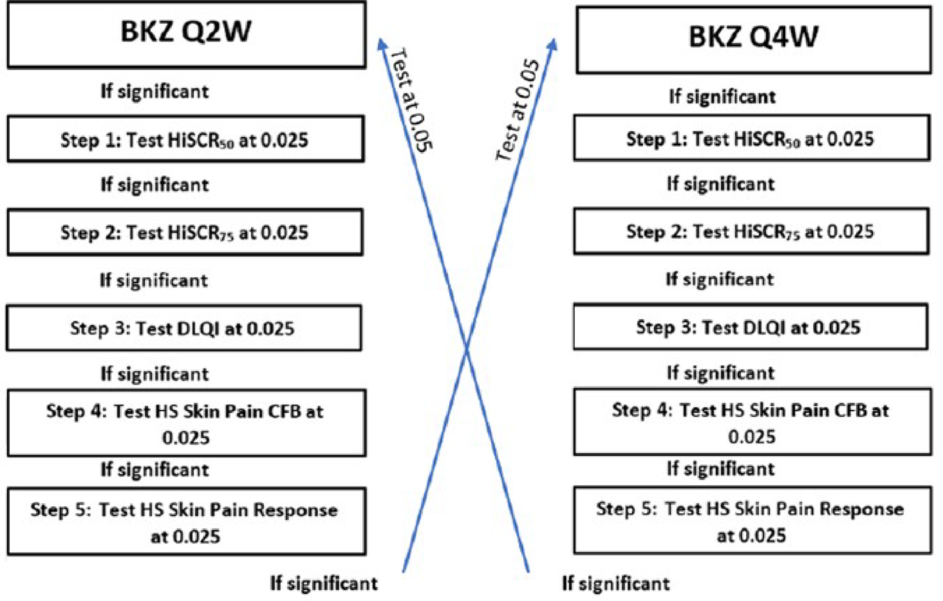 Figure 2 presents the statistical testing procedure implemented in the BE HEARD I study to control for multiplicity in the statistical analysis of end points in the bimekizumab every 2 weeks group versus bimekizumab every 4 weeks group. Each bimekizumab dose (320 mg every 2 weeks and 320 mg every 4 weeks) was compared with placebo in the first instance at a familywise error rate of 0.025 (alpha = 0.05/2). Within each dose, simultaneously, closed testing for the primary and subsequent secondary efficacy end points was performed.