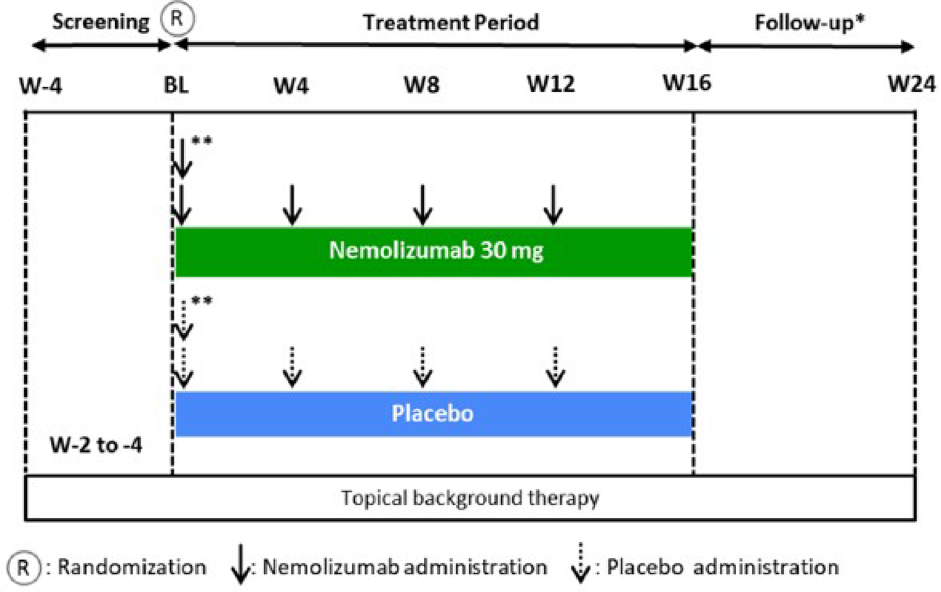 The ARCADIA CYCLO study consisted of a 4-week screening period, followed by randomization to either nemolizumab 30 mg every 4 weeks or placebo every 4 weeks from baseline to week 16, and then a follow-up period from week 16 to week 24.