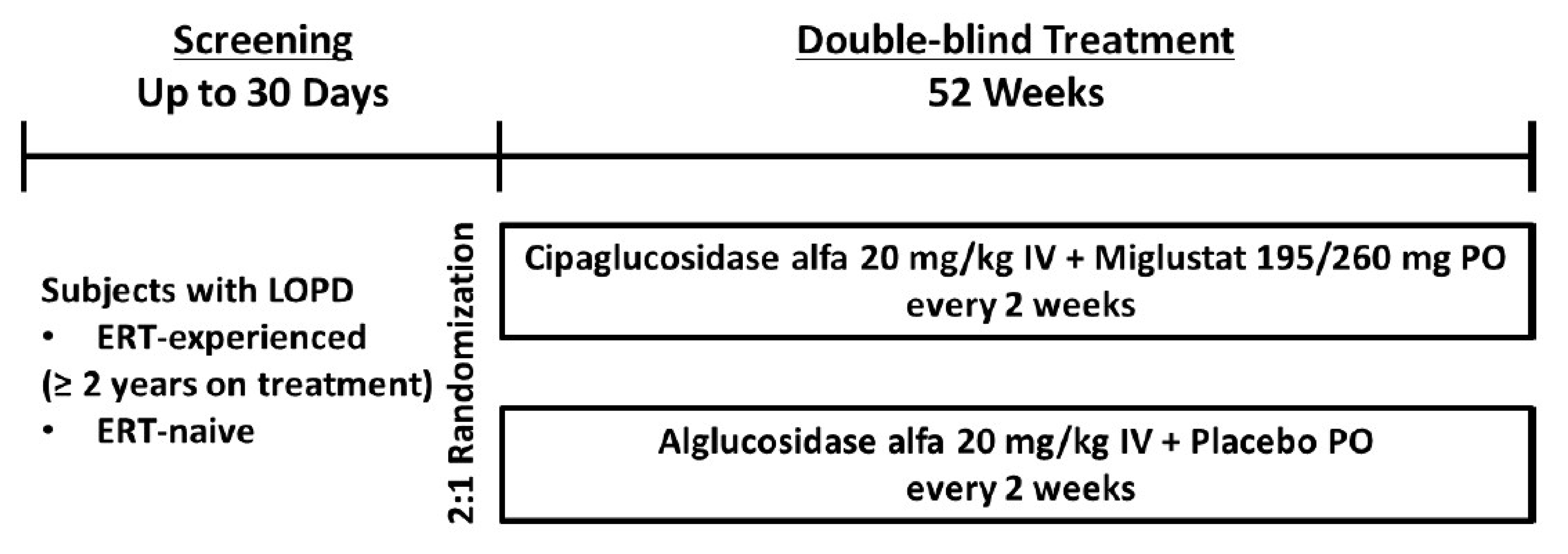 Patients with LOPD who were either ERT experienced (2 years or more receiving ERT treatment) or ERT naive participated in a screening period of up to 30&nbsp;days. Eligible patients were randomized 2:1 to receive either cipaglucosidase alfa 20&nbsp;mg/kg IV infusion plus miglustat (195&nbsp;mg or 260&nbsp;mg) orally or alglucosidase alfa 20&nbsp;mg/kg IV infusion plus placebo orally every 2&nbsp;weeks during the double-blind treatment period of 52&nbsp;weeks.