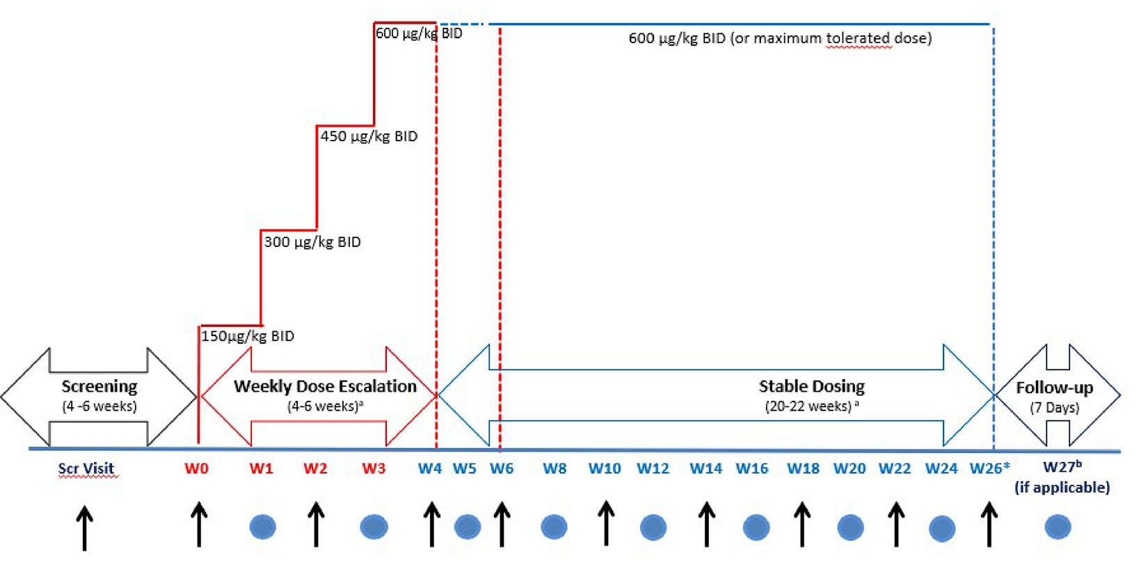 Figure depicting the flow of the study from screening advancing to a weekly dose escalation to the right up until week 26 (end of the study) and start of continuous follow-up.