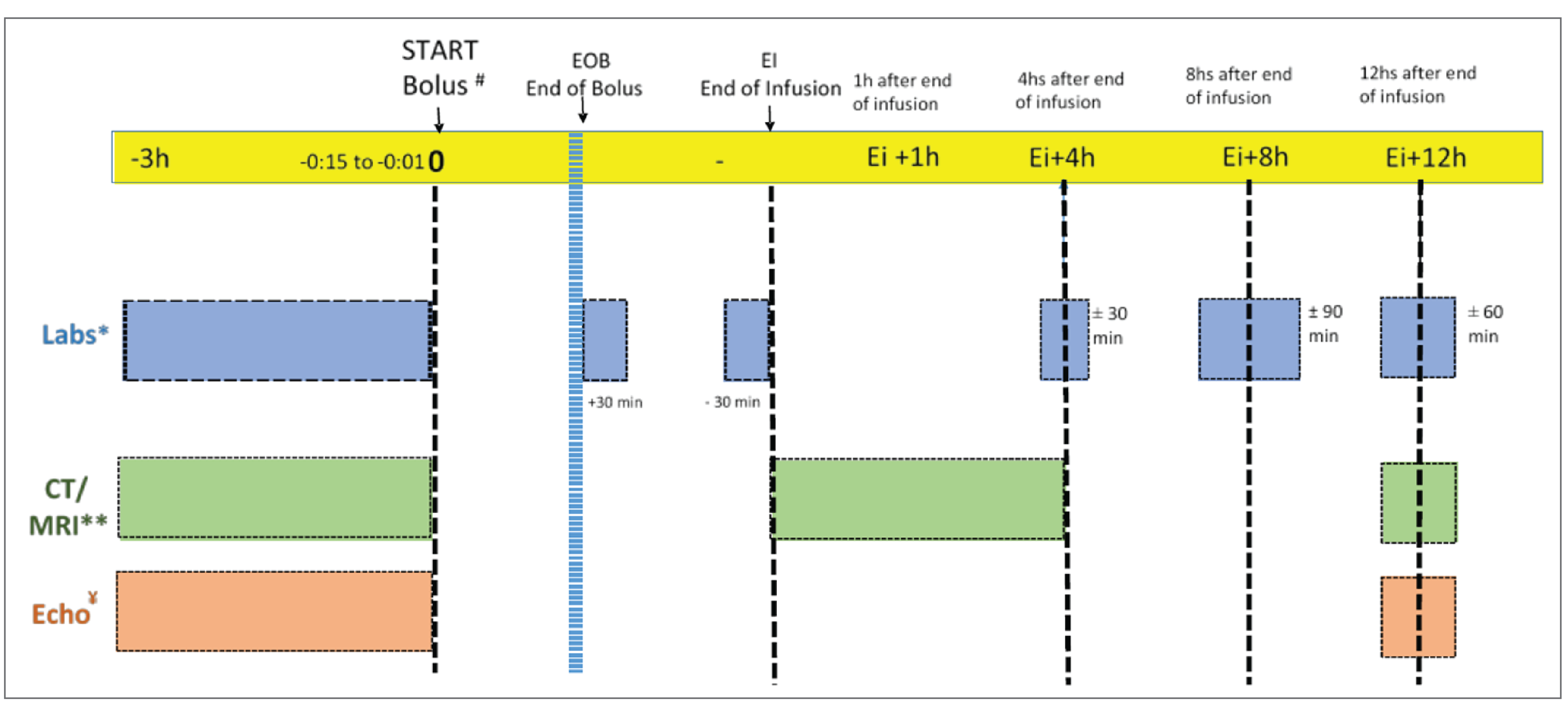 In the treatment phase, baseline laboratory and radiological assessments were conducted within 3 hours before the start of the bolus. Laboratory assessment was later repeated at the end of the bolus, end of infusion, and 4, 8, and 12 hours after end of infusion. CT or MRI assessment was repeated between end of infusion and 4 hours after end of infusion, and 12 hours after end of infusion. Echocardiogram was repeated at 12 hours after end of infusion.
