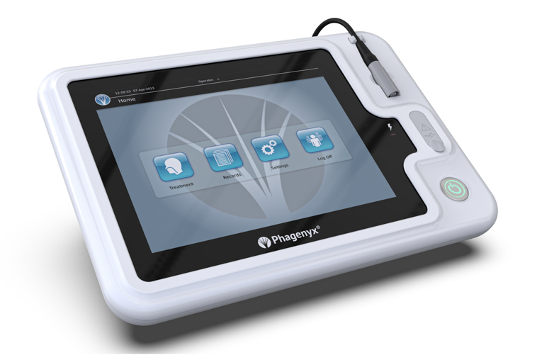 A rectangular touch screen device with a portal on 1 side to connect a tube. On the bottom of the touch screen are the word “Phagenyx” and a logo.