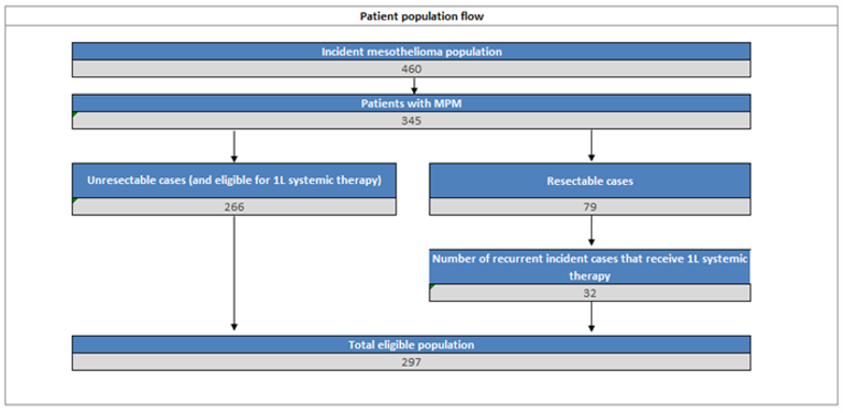 This population flow diagram illustrates the population eligible to receive first-line treatment for malignant pleural mesothelioma. This includes steps identifying the incident mesothelioma population, the patients with malignant pleural mesothelioma, as well as the number of such cases that are unresectable, and the number of resectable cases that are eventually recurrent. The total eligible population size in the first year is estimated to be 297.?