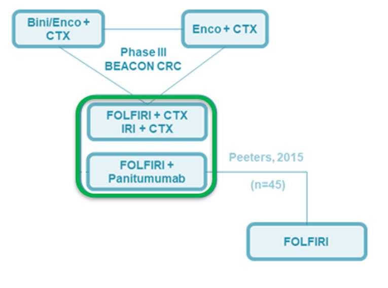 Network diagram of the indirect treatment comparison for comparison of encorafenib plus cetuximab versus FOLFIRI using data from the CROWN trial and a publication by Peters et al., 2015.