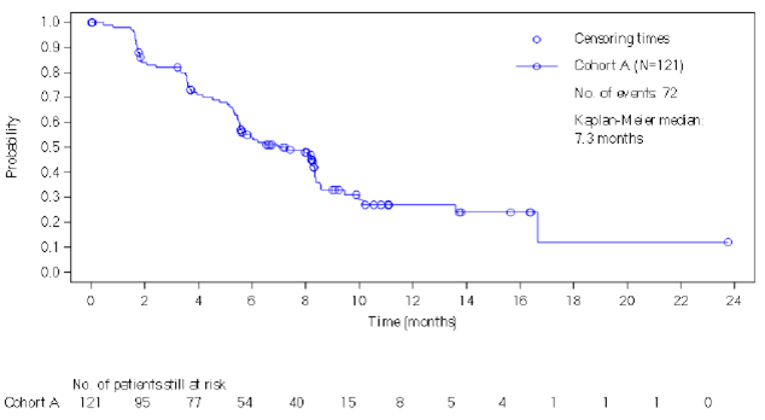 Kaplan-Meier plot of progression-free survival by local investigator assessment in cohort A of the BYLieve study, modified full analysis set. N = 121, number of events = 72, Kaplan-Meier estimate of median = 7.3 months.