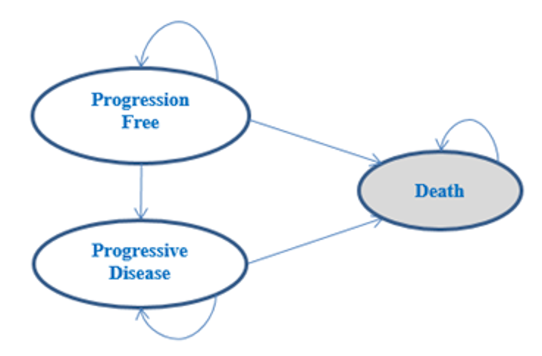 The model included three states: progression-free, progressive disease, and death. Patients could remain in progression-free or move to progressive disease or death. Patients in progressive disease could remain there or move to death. Patients in the death state remain there.