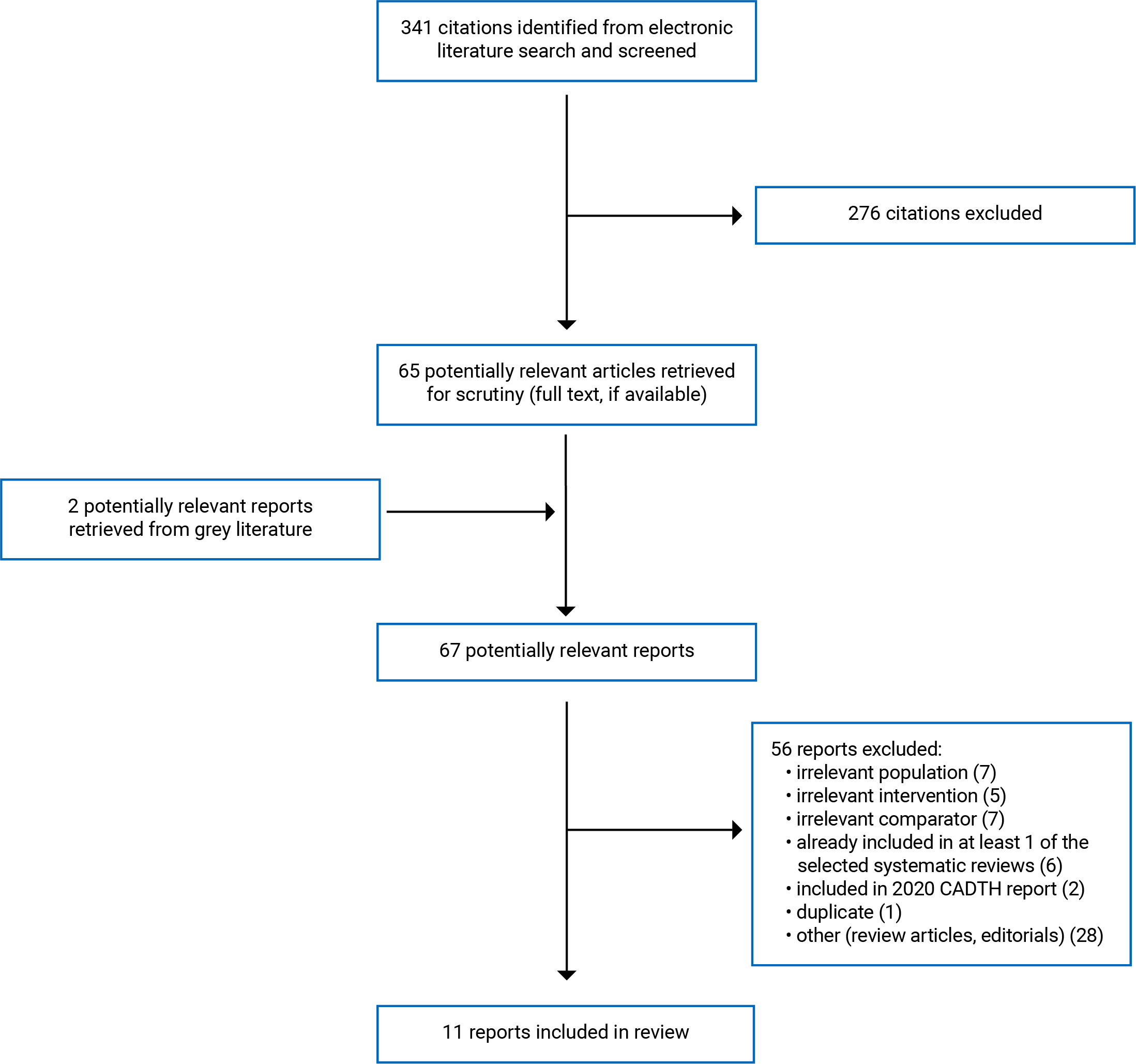 341 citations were identified, 276 were excluded, while 65 electronic literature and 2 grey literature potentially relevant full-text reports were retrieved for scrutiny. In total, 11 reports are included in the review.