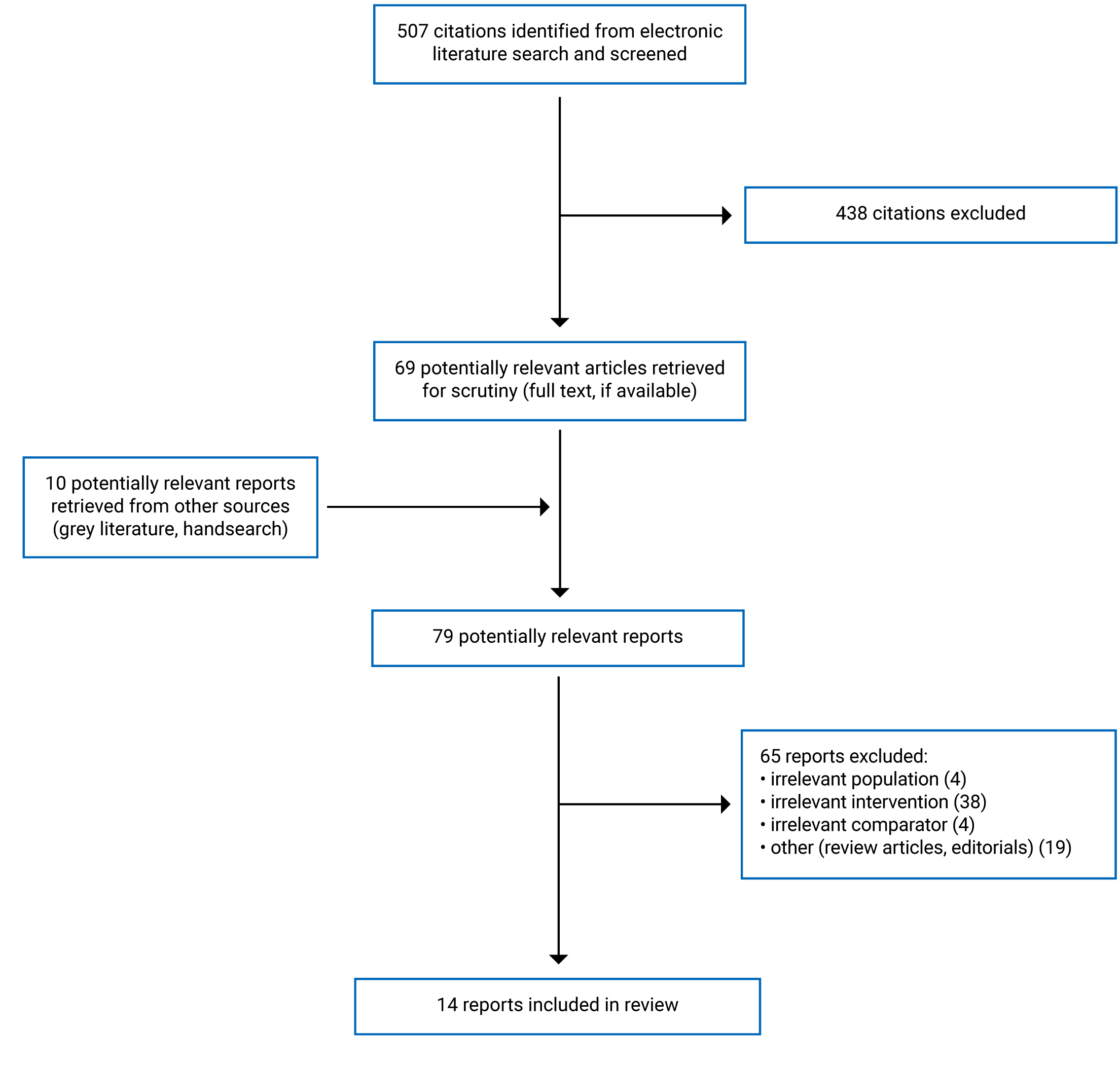 There were 507 citations identified, 438 were excluded, while 69 electronic literature and 10 grey literature potentially relevant full- text reports were retrieved for scrutiny. In total 14 reports are included in the review.